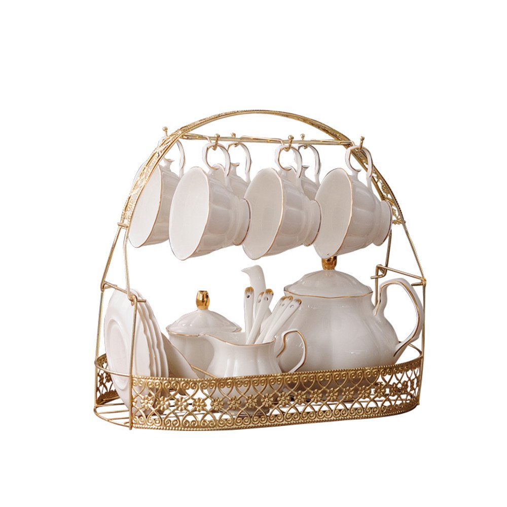 Premium 15-Piece White English Ceramic Tea Set with Teapot, Bone China Cups & Metal Holder - Includes Matching Spoons - Elegant Afternoon Tea & Coffee Service Set for Home, Office & Gifting