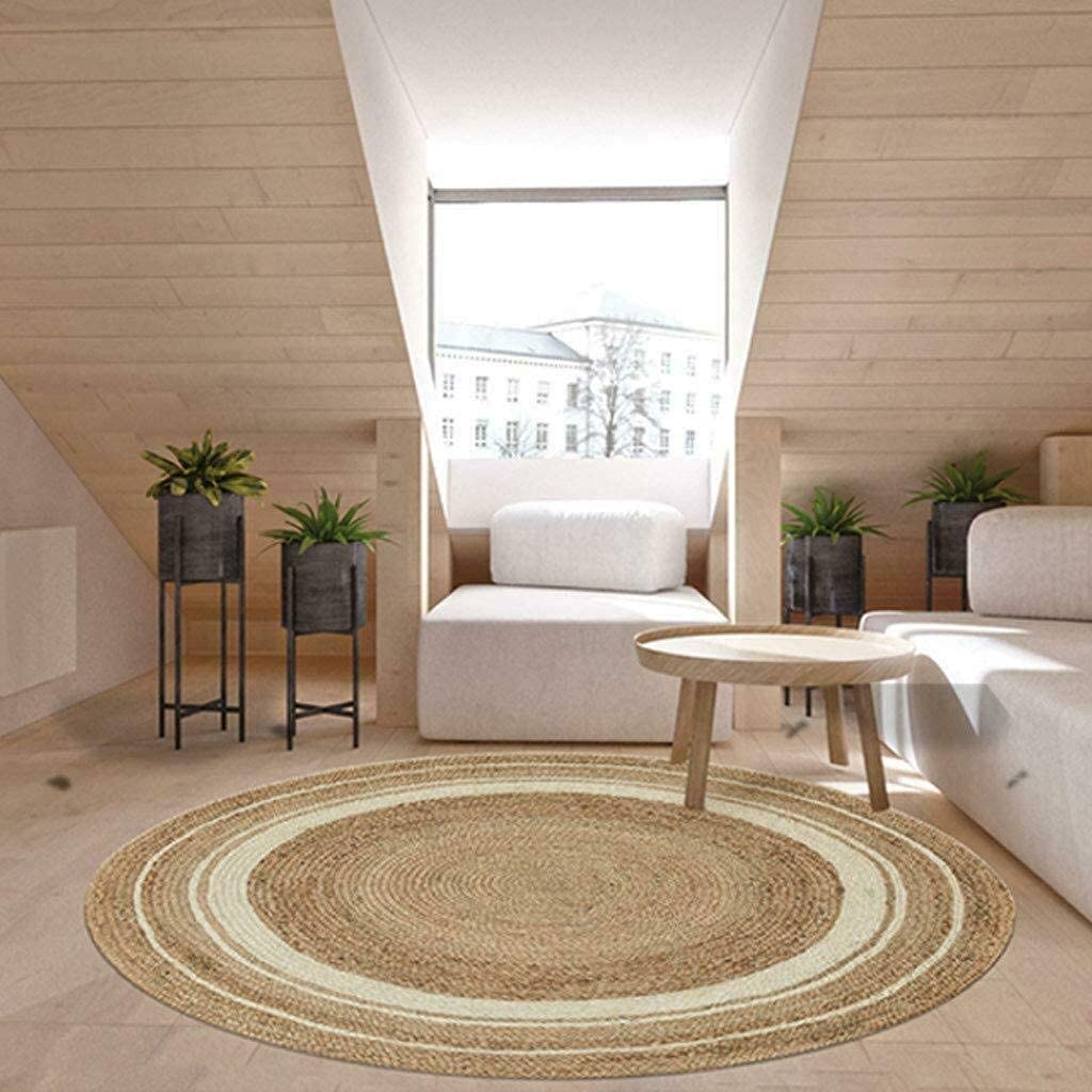 Handwoven Jute Area Rug - Natural Fiber Round Braided Rug for Bedroom, Living Room & Kitchen - Farmhouse Decor with White Border (10x10 Square Feet) - Perfect for Boho Chic, Coastal & Rustic Home Decor