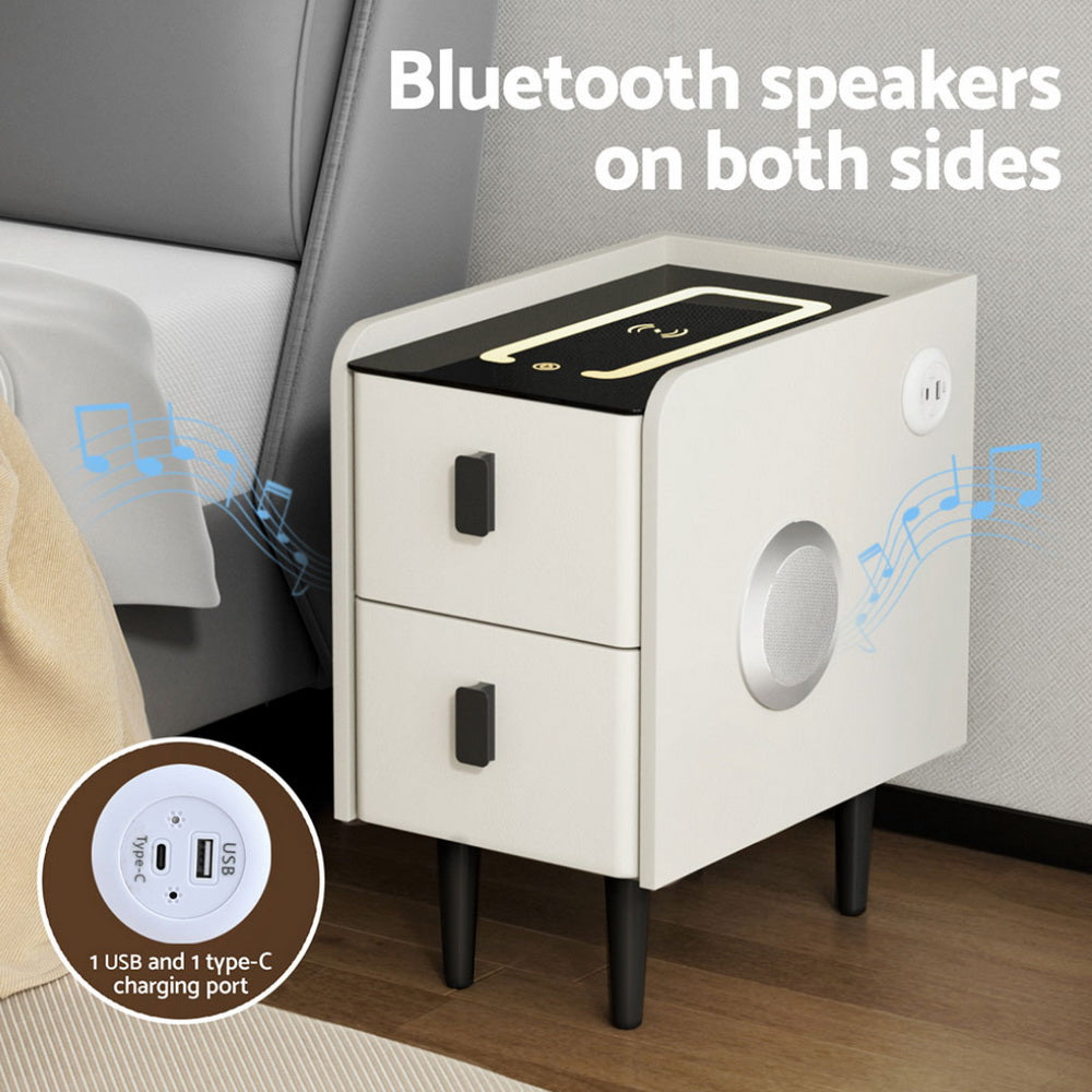 Compact Smart Bedside Table with Wireless Charging, LED Lights & Bluetooth Speaker - Modern Nightstand for Bedroom, Office, or Dorm - Perfect for Charging Devices, Reading & Relaxing (White)