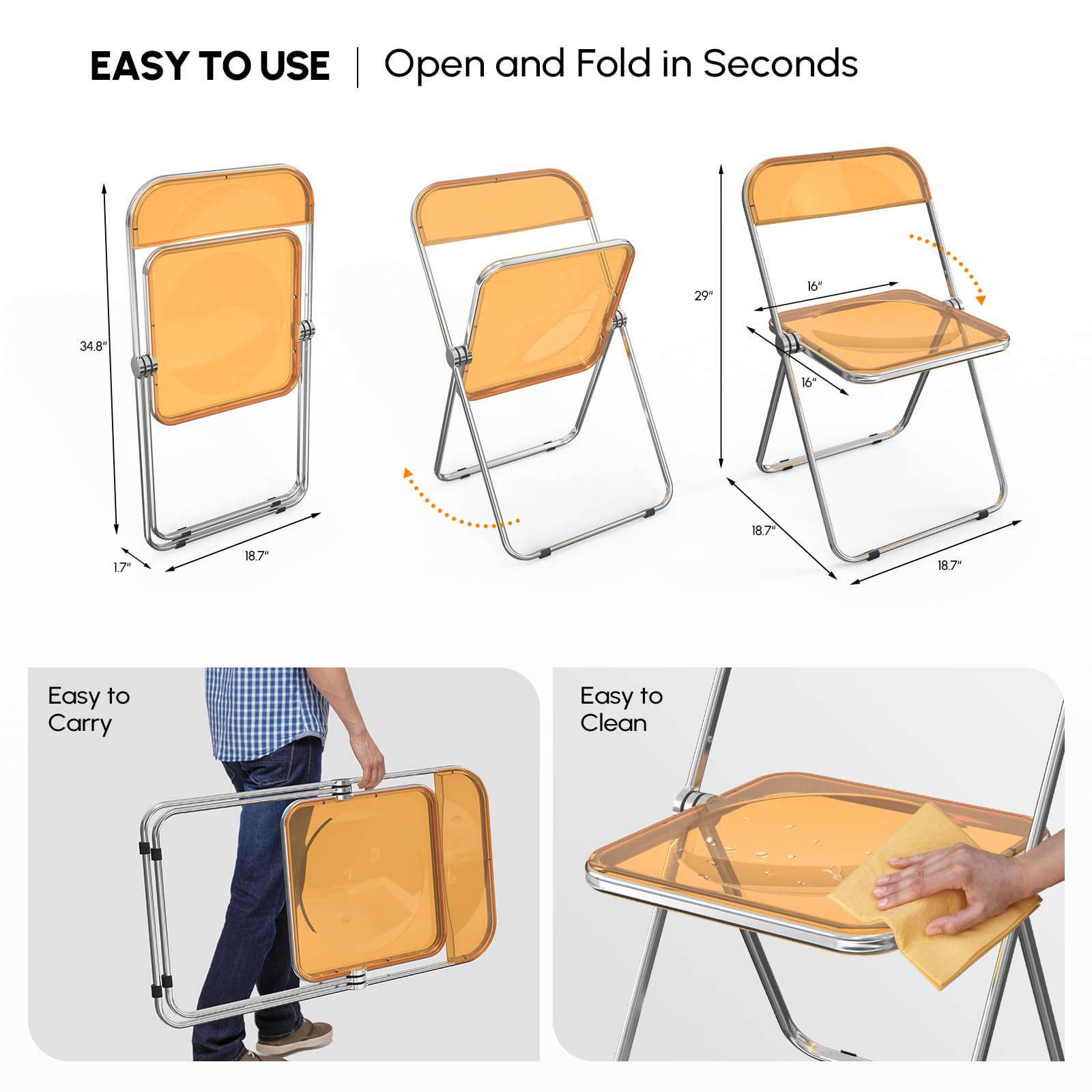 VINGLI 2 Pack Clear Acrylic Folding Chairs - Stackable Plastic Chairs with Metal Chrome Frame, 350 lbs Weight Capacity - Perfect for Patio, Wedding, Banquet & Outdoor Events