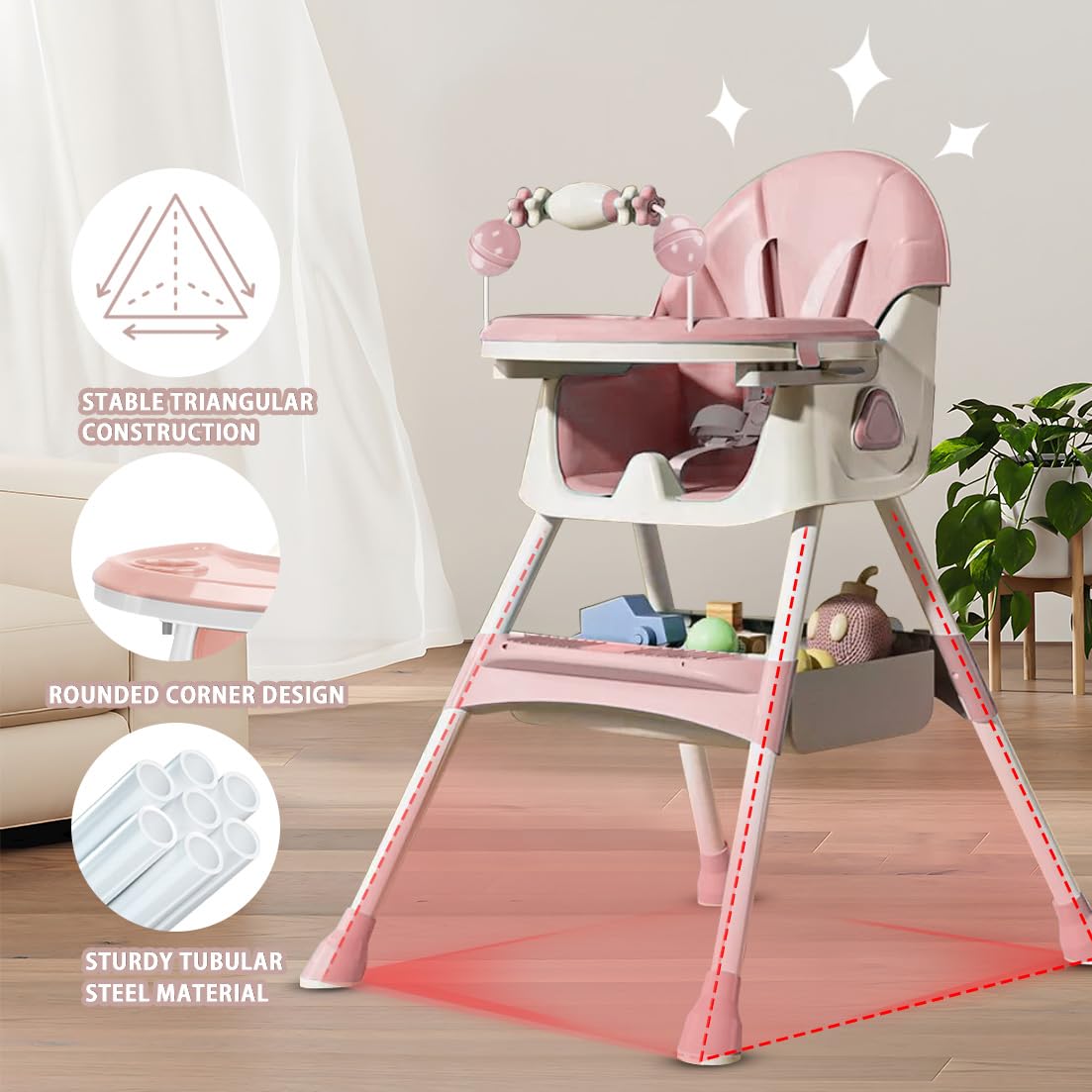 UBRAVOO 3-in-1 Foldable Baby High Chair - Convertible Portable Dining Chair with 5-Point Safety Harness, Double-Layer Tray & Toy Rack for Infants & Toddlers (Pink) - Perfect for Home, Restaurant & Travel Use