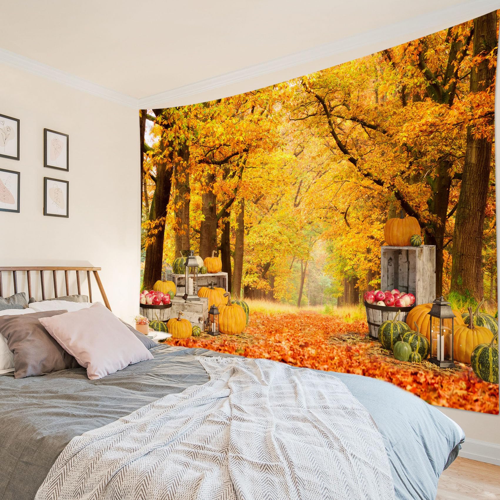 HVEST Fall Tapestry Wall Hanging - Rustic Crop Pumpkins, Orange Maple Forest, Autumn Natural Scenery, 80Wx60H Inches, Perfect for Living Room, Bedroom, Farmhouse, Holiday Party Decor, and Seasonal Home Styling