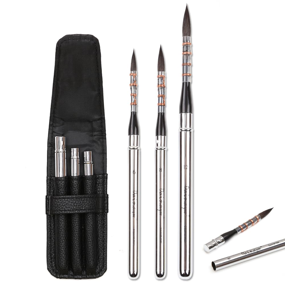 Premium Squirrel Hair Travel Watercolor Paint Brushes Set - 3 Short Handle Detail & Line Brushes for Watercolor, Gouache, Acrylic & Inking - Perfect for Artists, Sketching & Outdoor Painting