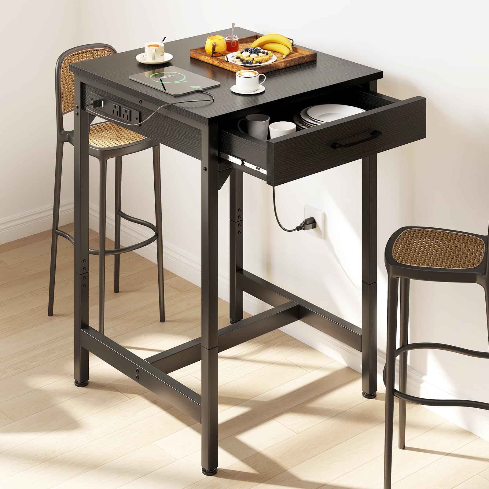 24x24 Inch Modern Bar Table with Power Outlets & Storage - Counter Height Pub Table with Sturdy Metal Legs - Black Kitchen & Dining High Top Table for Home, Restaurant, Bar or Office Use