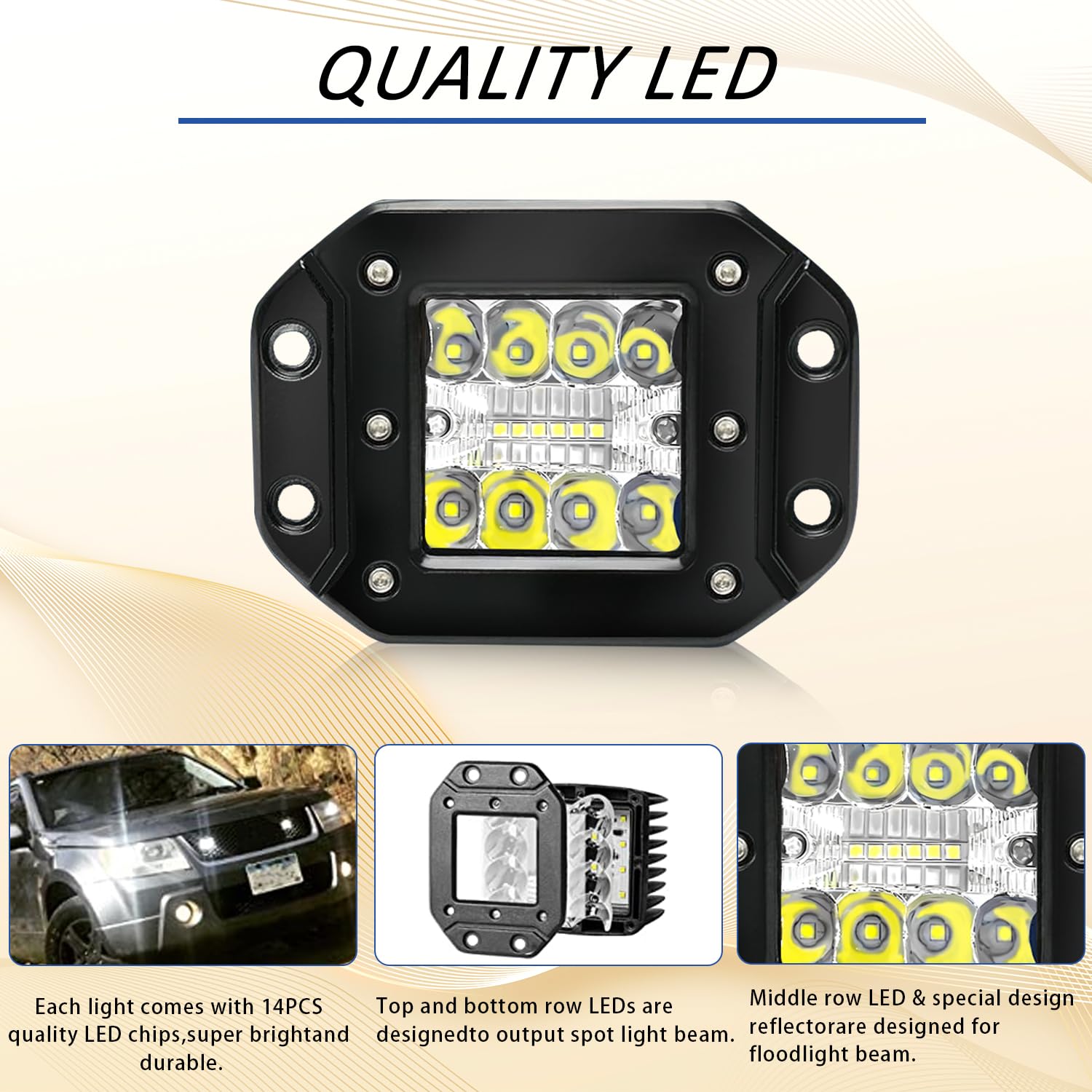 Avenemark 5-Inch Flush Mount LED Light Pods - 2PCS 42W Triple Row Combo Beam (Spot/Flood) - Waterproof Off-Road Lights for Trucks, SUVs, UTVs & ATVs - Perfect for Driving, Work, Backup & Reverse Lighting in Dark Terrains