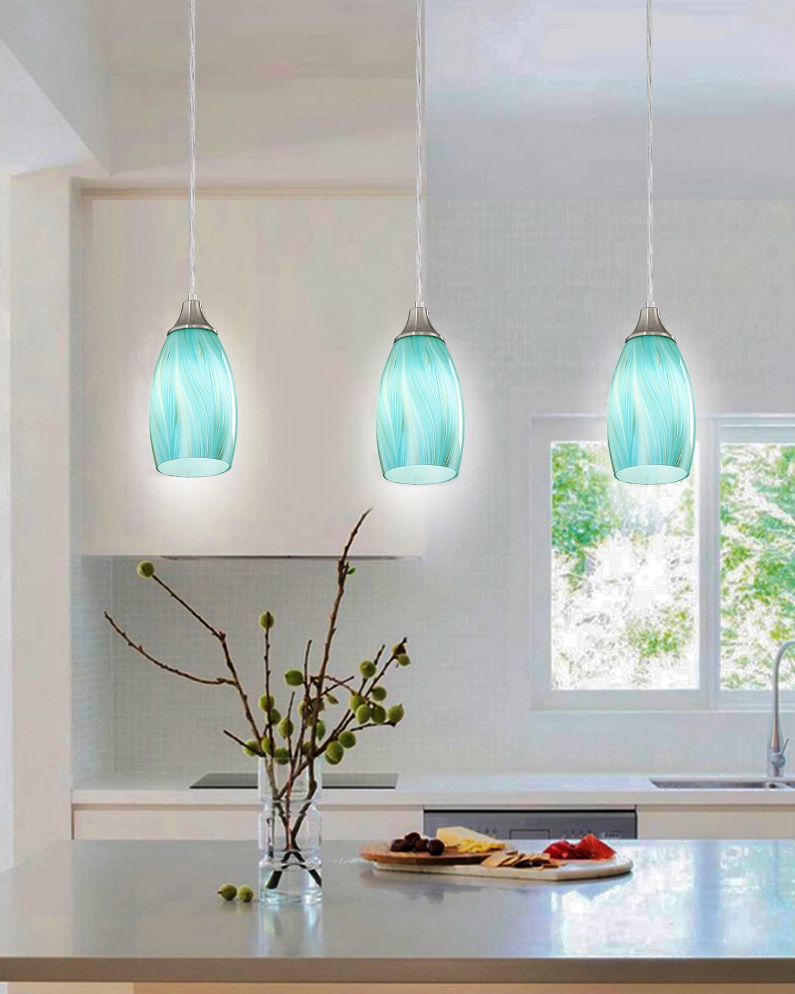 Handcrafted Mini Teal and Gold Art Glass Pendant Lights - 3 Pack Brushed Nickel Adjustable Cord Hanging Lamps for Kitchen Island, Coffee Bar & Dining Room - Elegant Ceiling Lighting for Modern Home Decor