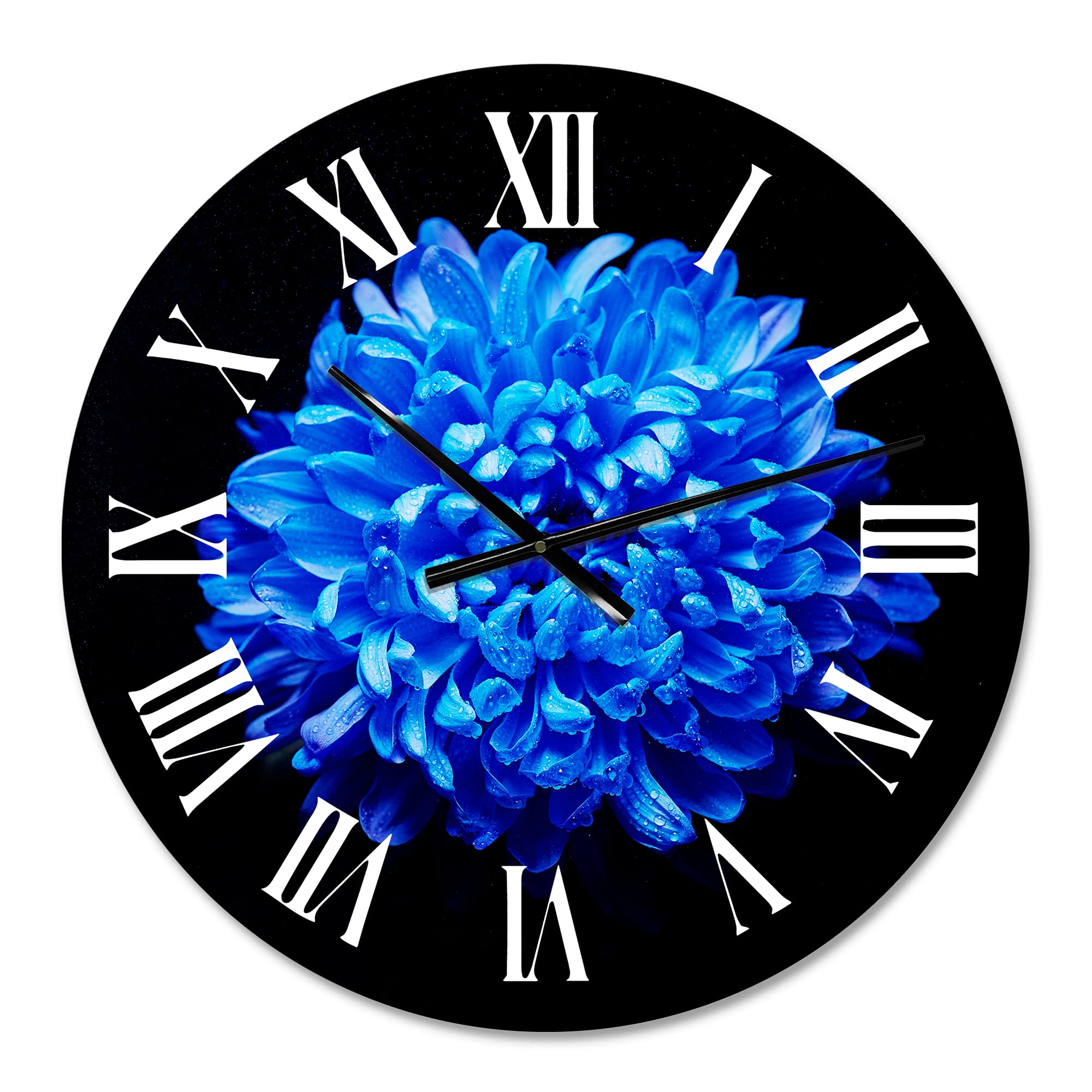 DesignQ Traditional Wall Clock 'Blue Aster with Dew Drops' - Large Floral Botanical Wall Clock for Bedroom, Living Room & Office Decor | Silent Non-Ticking Home Décor