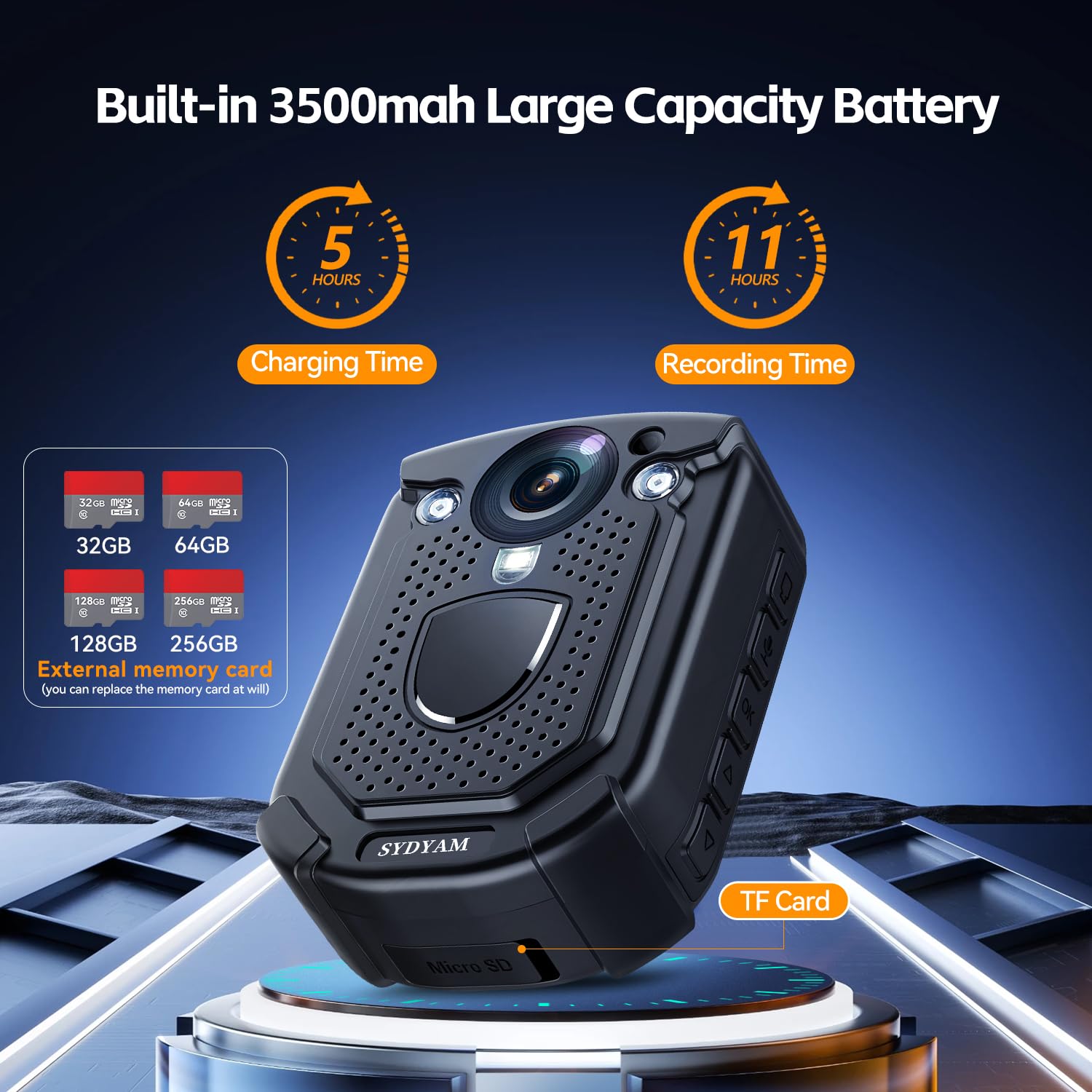 SYDAYM-F1 64GB 4K Body Camera with 10-12 Hours Recording, IP68 Waterproof Police Body Cam with Audio Video & H.265 Codec - Ideal for Security Guards, Law Enforcement, and Daily Patrols