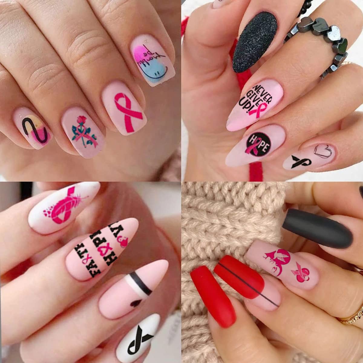 3D Pink Ribbon Breast Cancer Awareness Nail Art Stickers - Self-Adhesive Nail Decals with Heart Design for DIY Manicure - 6 Sheets for Women & Girls - Perfect for Fundraisers, Awareness Events & Supportive Nail Art