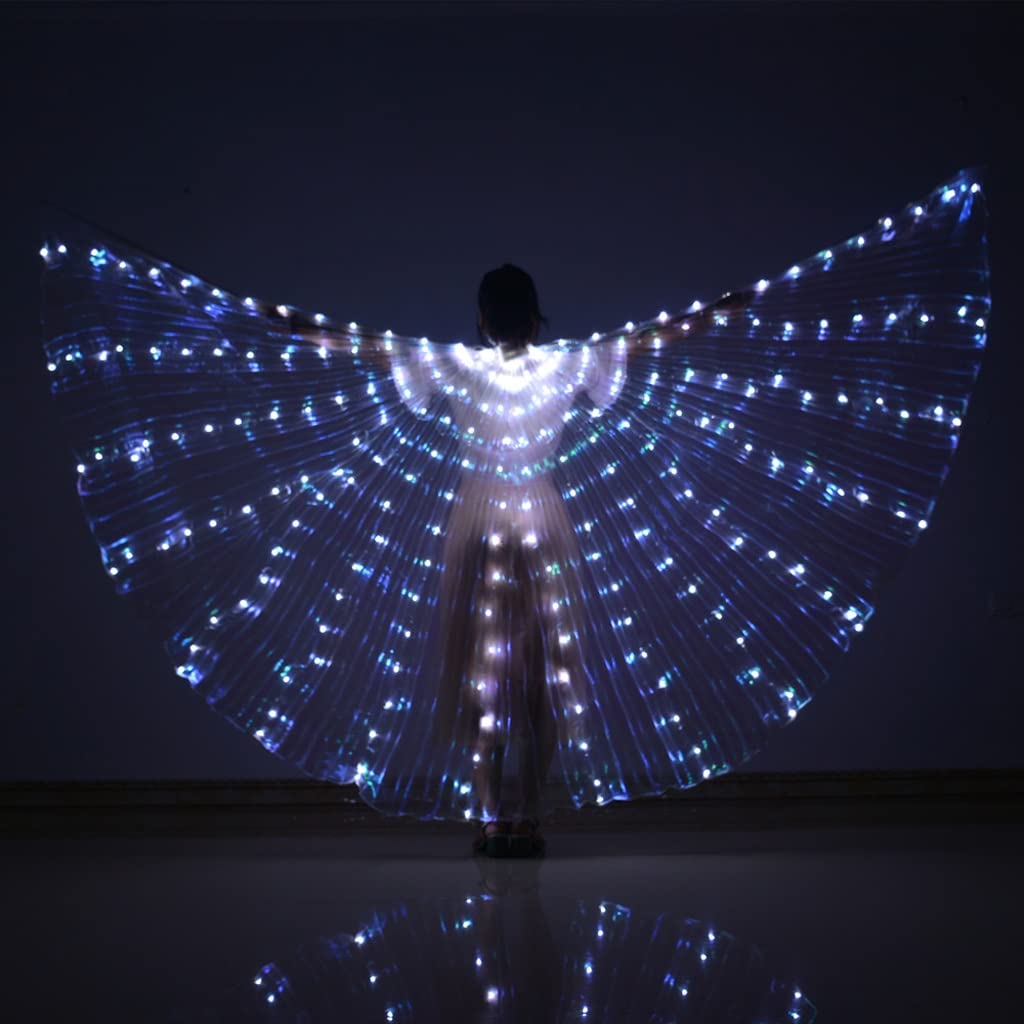 JJSPP LED Belly Dance Costume for Women & Kids - Shining Light Party Dress with Rainbow Wings & Sticks Bag - Perfect for Halloween, Cosplay, Rave & Dance Performances (White, Size L 155-175cm)