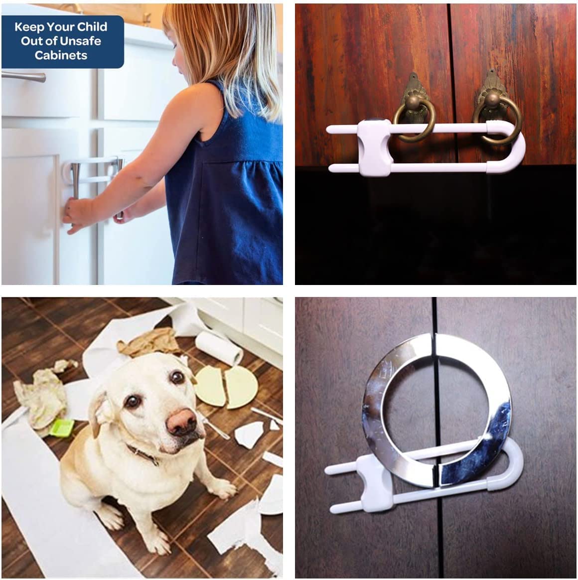 YAWALL 4 Pack Adjustable U-Shaped Baby Proofing Cabinet Locks - Child Safety Latches for Kitchen, Bathroom Storage Cupboards, Doors, Handles & Knobs (White) - Perfect for Childproofing Homes with Toddlers