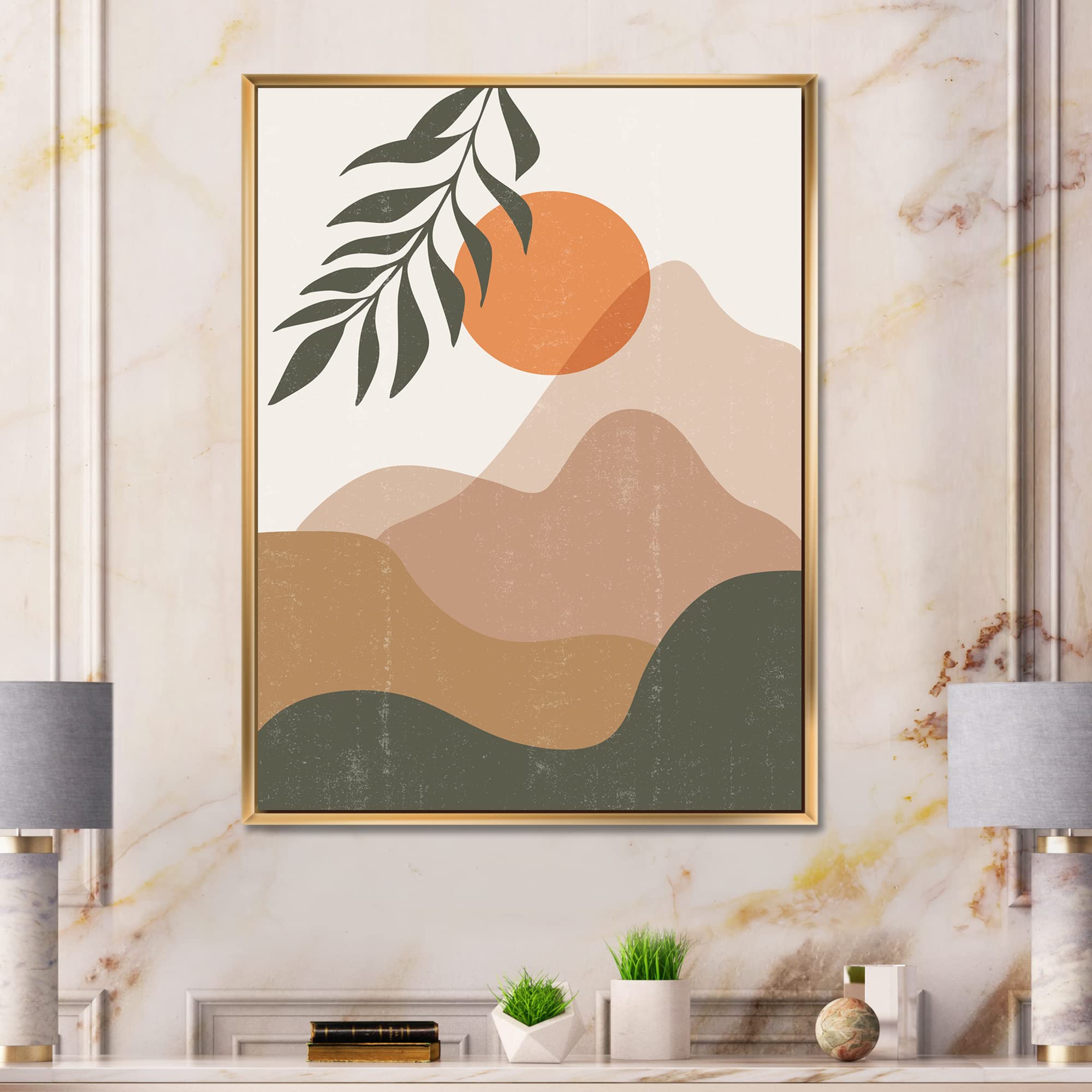 Abstract Red Moon in Earth Toned Mountains Framed Canvas Wall Art - Modern Home Decor for Living Room, Bedroom & Office