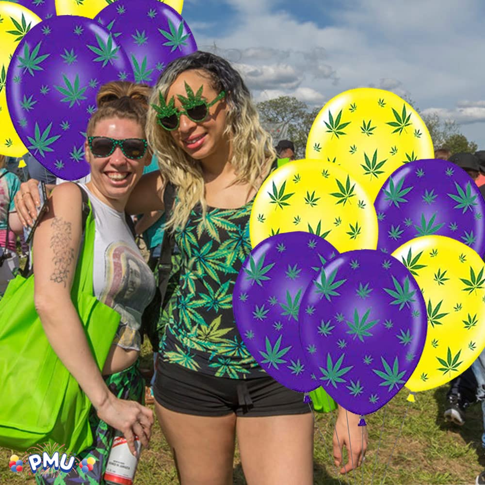 Premium 11-Inch Yellow & Purple Marijuana Balloons with Green Leaf Print - Pack of 100 for 420 Parties, Cannabis Celebrations & Stoner Events