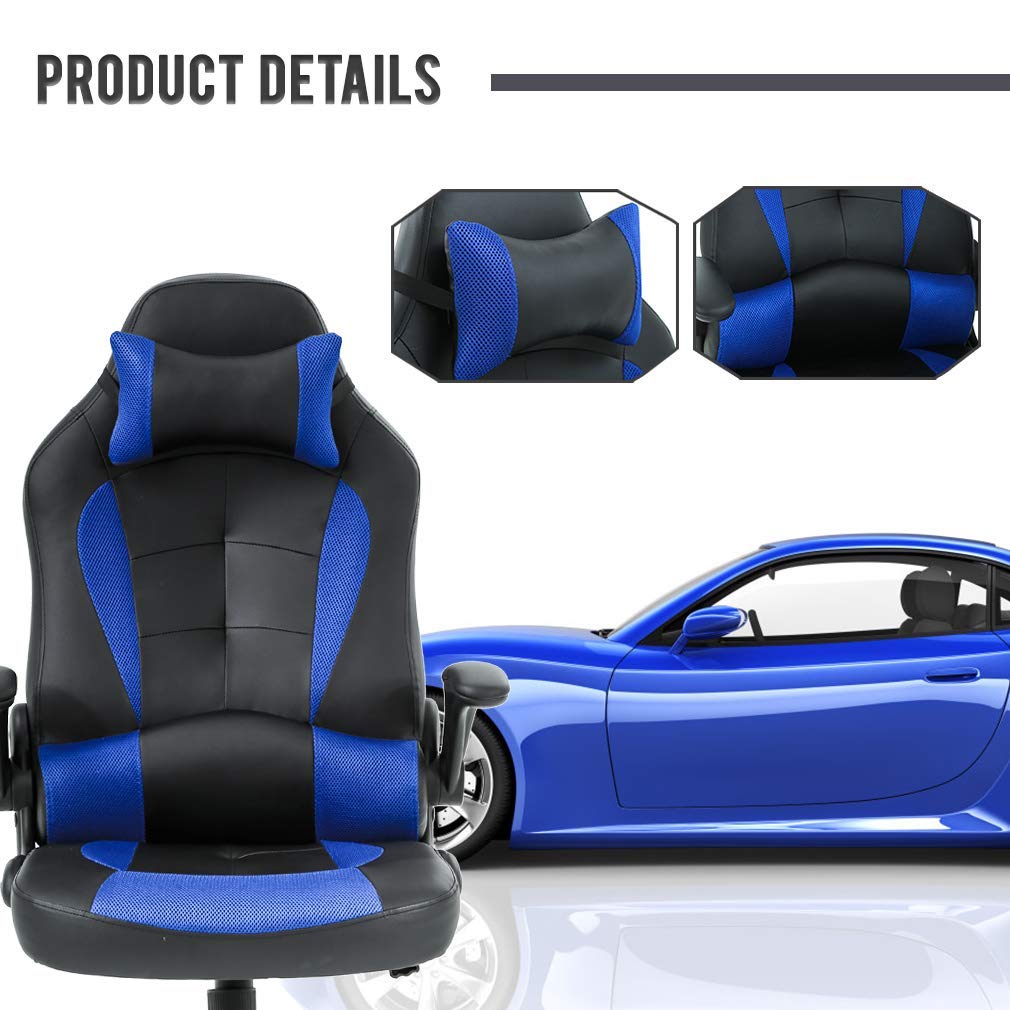 Premium Ergonomic Gaming Chair with Massage & Lumbar Support - Heavy Duty Racing Office Chair with Adjustable Flip-Up Arms & Headrest - Perfect for Home Office, Gaming Setup & Workstation - Blue