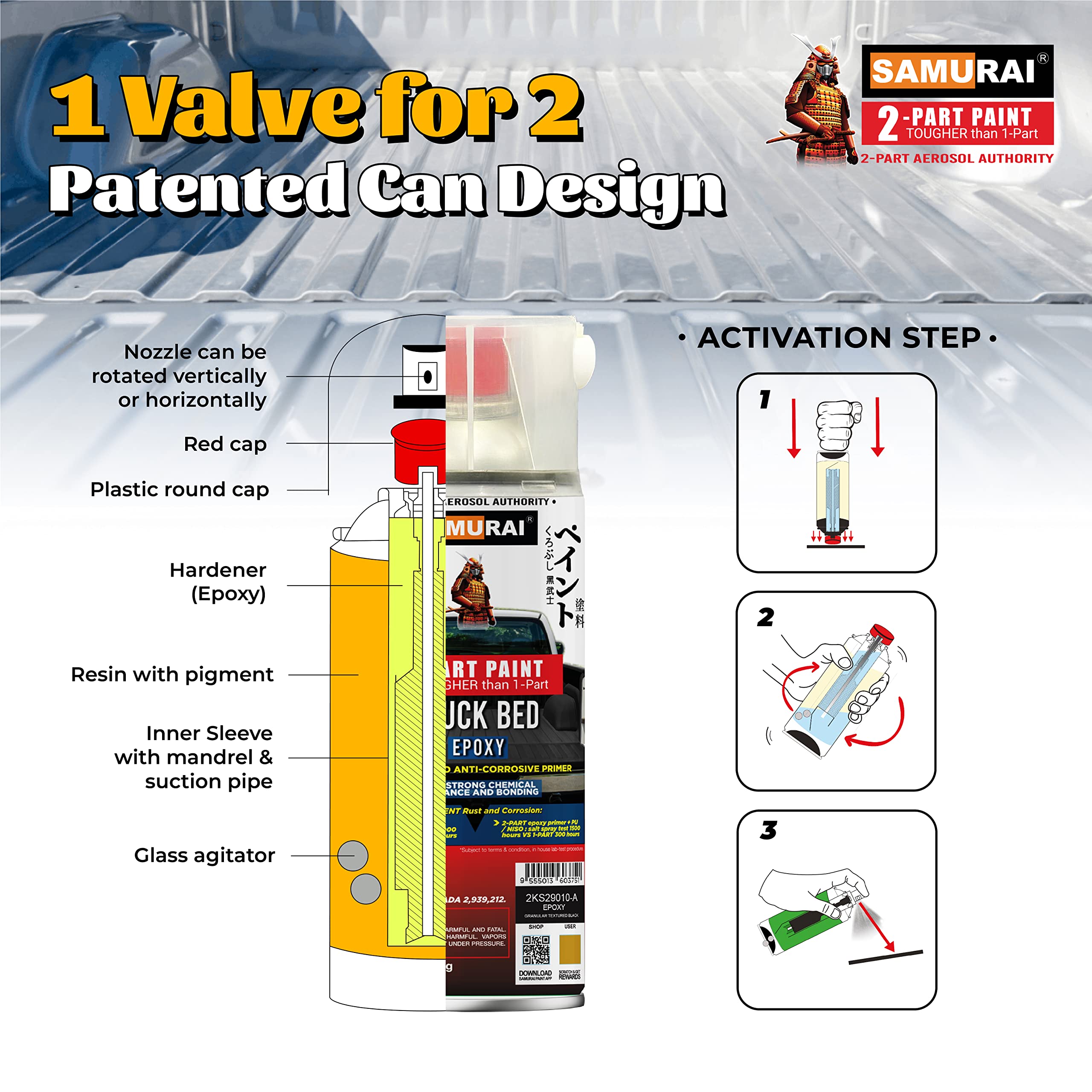 Samurai Epoxy Primer Spray Paint for Truck Bed Liner - Professional Granular Textured Primer White (1 Can) | Durable Protection for Car & Truck Beds | Ideal for Auto Repair, Rust Prevention & Vehicle Maintenance