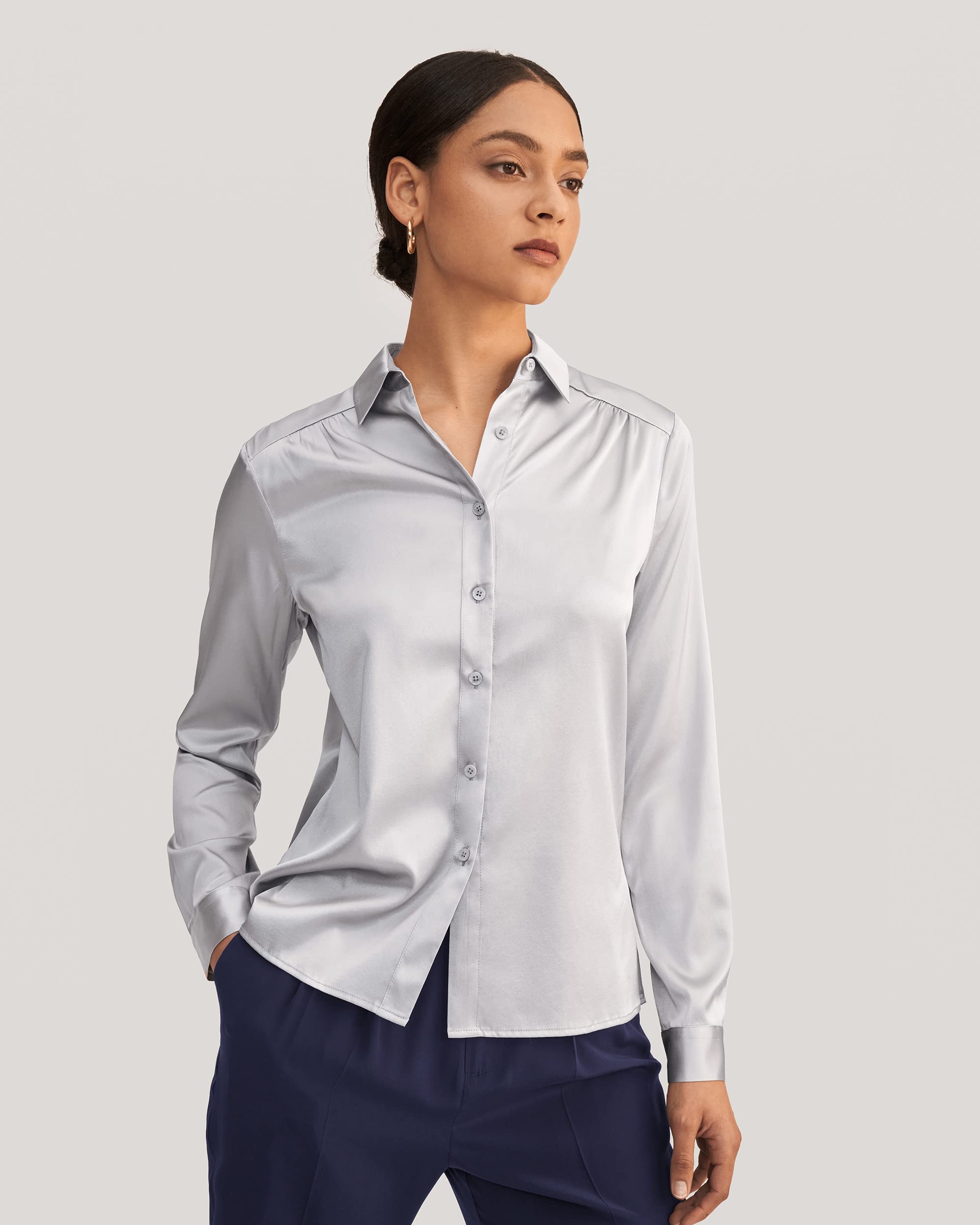 LilySilk Women's 19MM Natural Silk Charmeuse Long Sleeve Collared Blouse - Elegant Office Wear & Business Casual Tops for Professional Women
