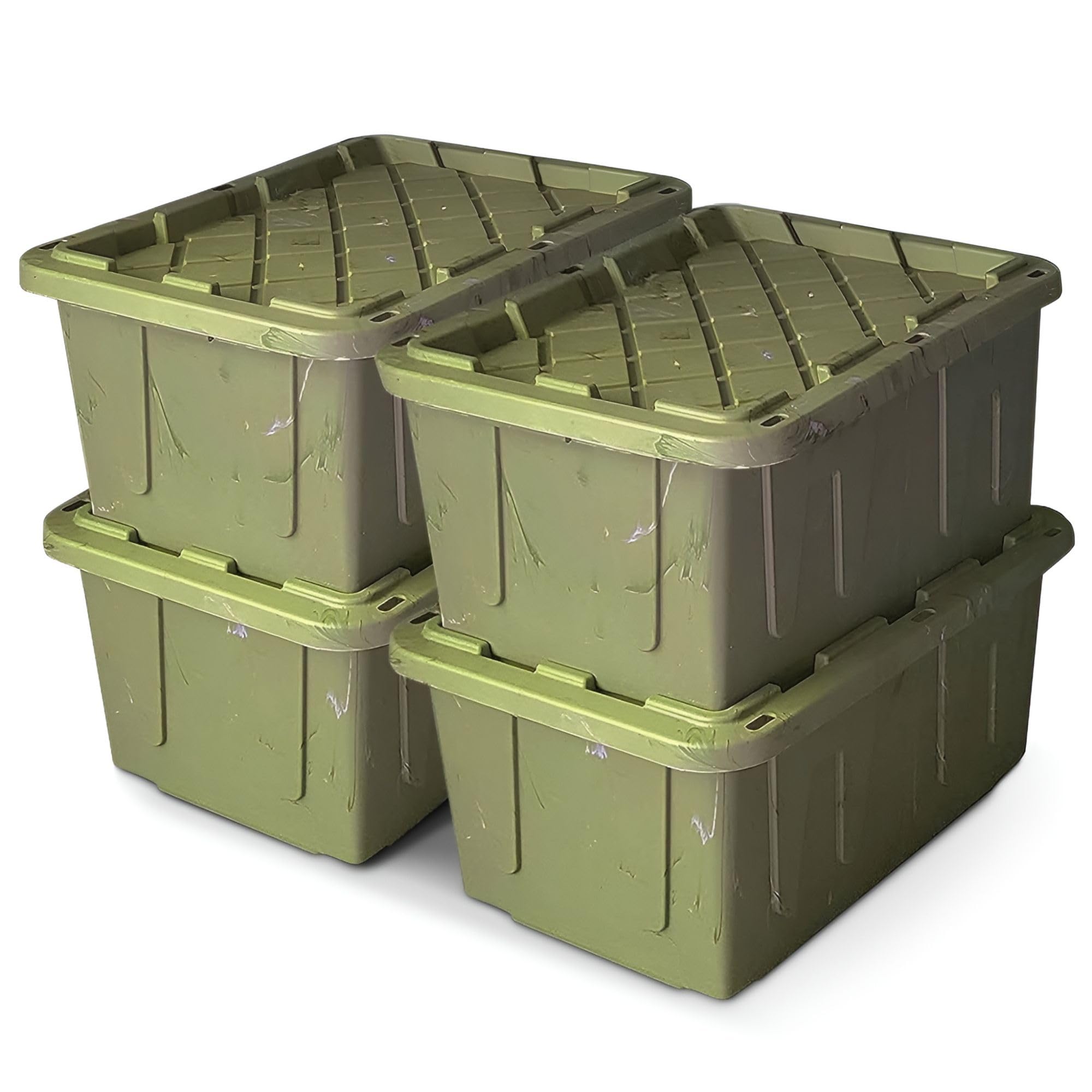HOMZ 4-Pack 27 Gallon Heavy Duty Plastic Storage Bins with Lids - Durable Green Camo Containers for Garage Organization, Home Storage & Moving Supplies
