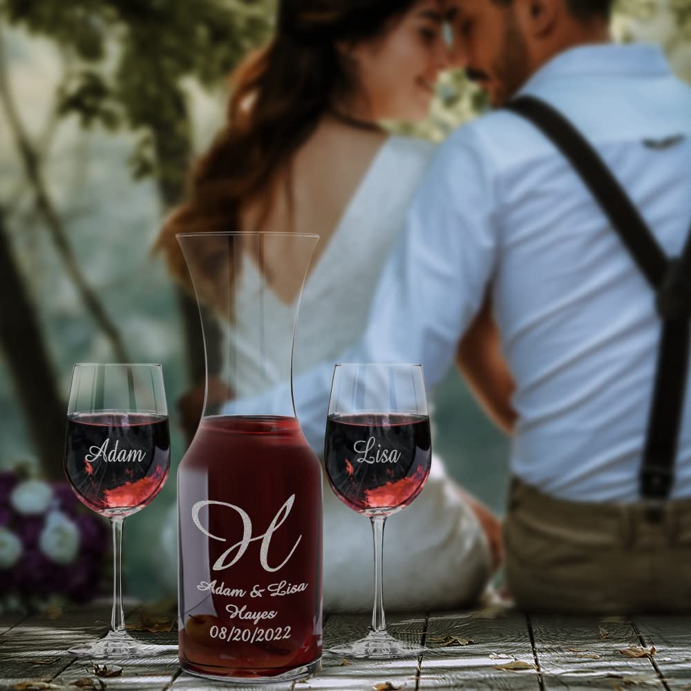 Personalized Wine Decanter Set with 2 Crystal Clear 10 oz Wine Glasses - Perfect for Anniversary Gifts, Wedding Presents & Romantic Dinner Parties
