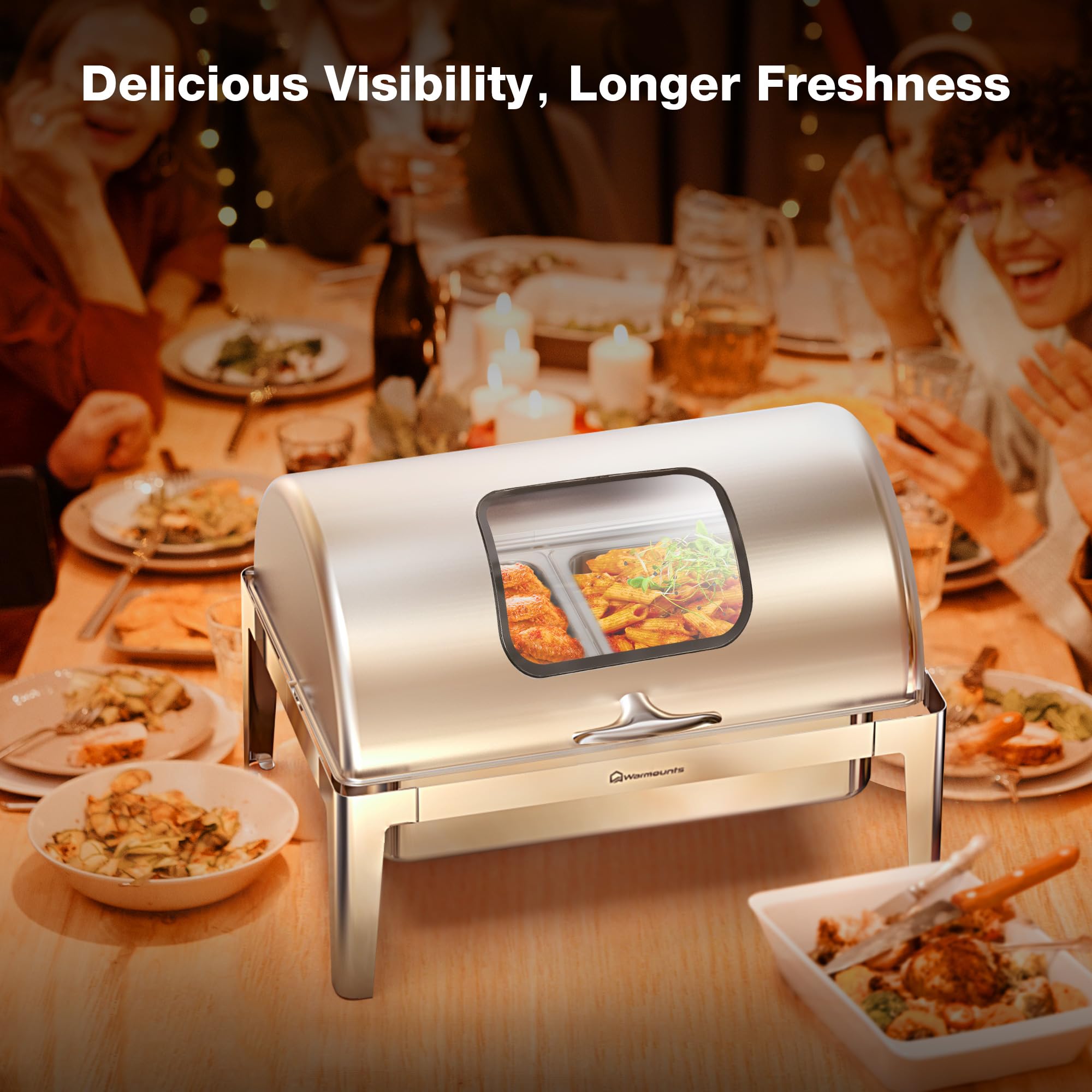 Stainless Steel Roll-Top Chafing Dish with Glass Window - 9QT Rectangular Buffet Chafer with Rolled Edge Design, Food-Grade Catering Supplies for Party, Banquet & Events (1/2 Size Food Pan) - Perfect for Buffet Serving, Wedding Receptions, and Catering Businesses