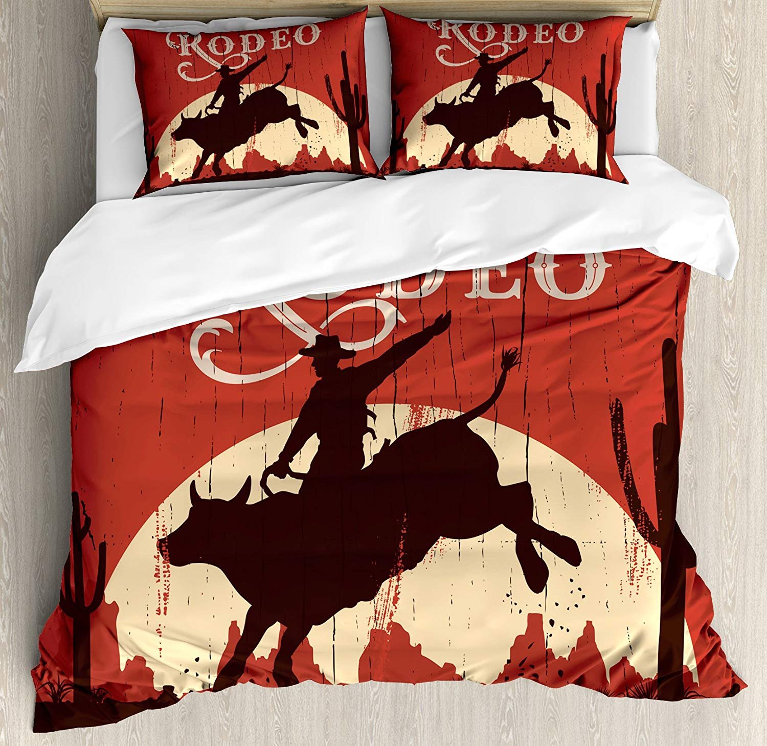 Vintage 3-Piece Western Cowboy Bedding Set - Full Size Duvet Cover with 2 Pillow Cases, Rodeo Bull Riding Sunset Wooden Sign Design for Kids Teens & Adults (Redwood Orange) - Perfect for Western Themed Bedrooms, Ranch Decor or Cowboy Lover's Home