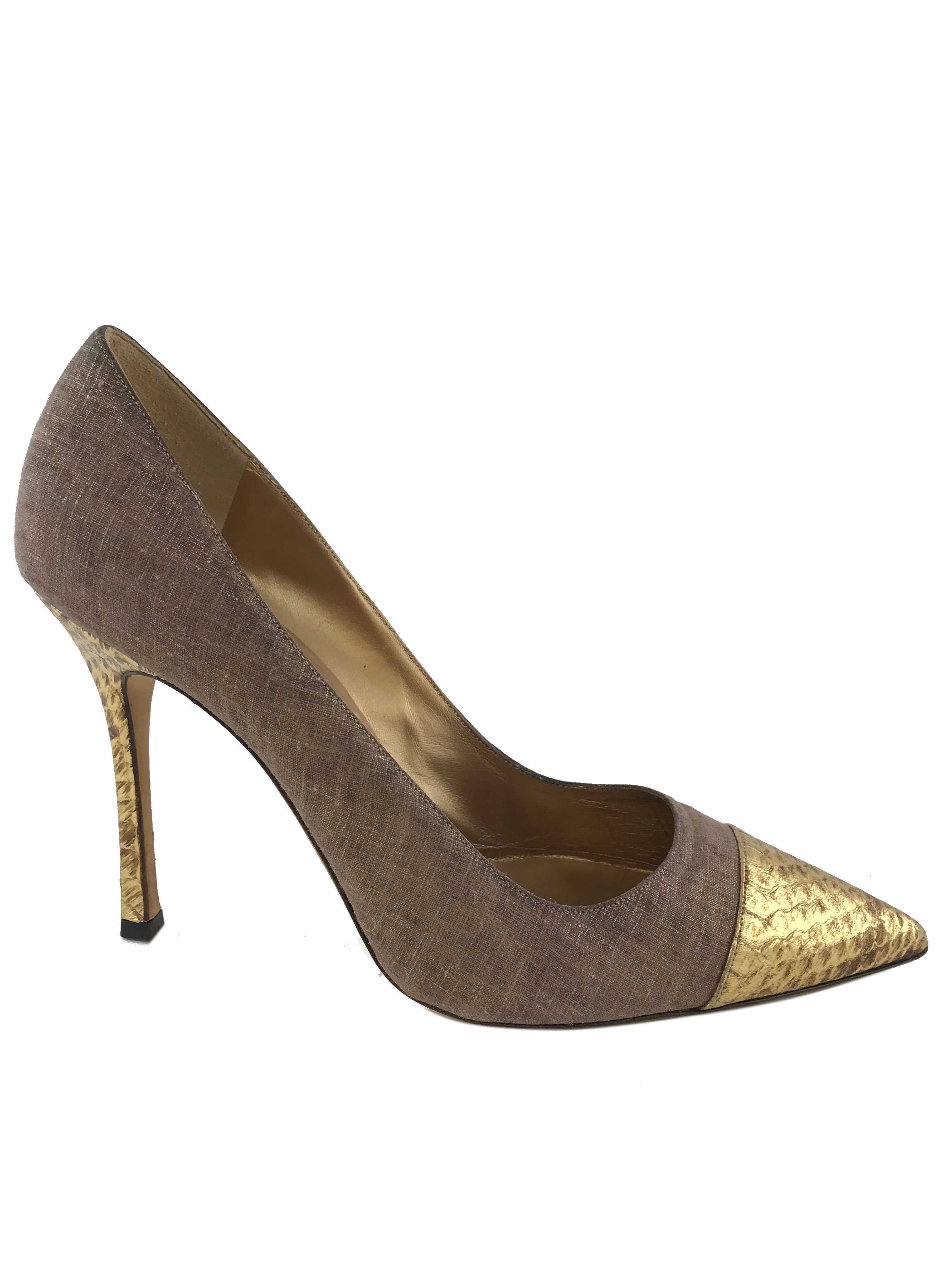 Manolo Blahnik Bipunta Embossed Linen Cap Toe Pump Women's Size 10.5 | Luxury Designer Heels for Weddings, Parties & Special Occasions