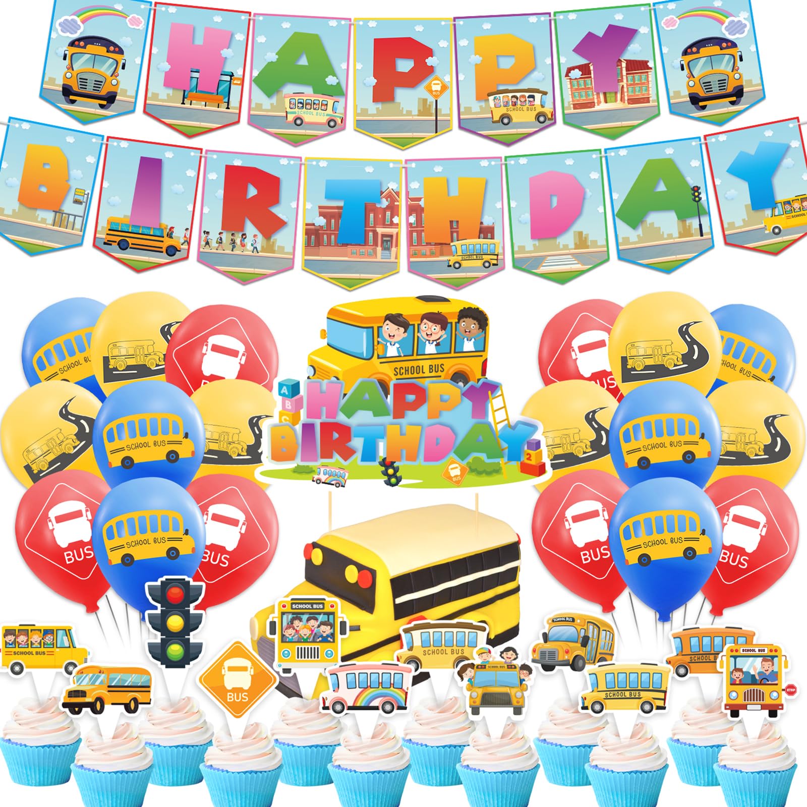 School Bus Birthday Party Decorations Set - Includes Happy Birthday Banner, Cake & Cupcake Toppers, Balloons - Perfect for School Bus Themed Parties, Back to School Celebrations & Kids Classroom Events