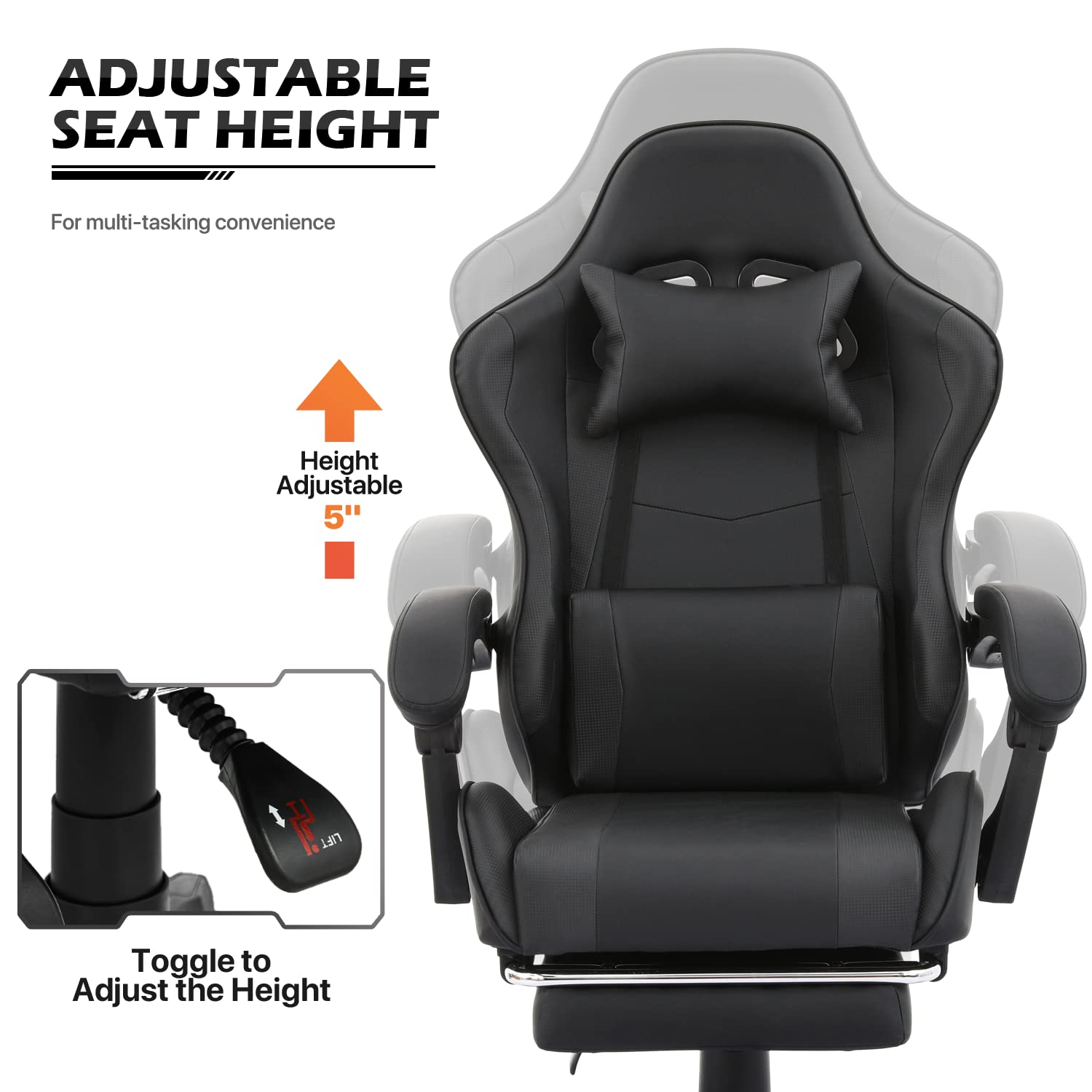 Premium Ergonomic Gaming Chair with Adjustable Height, Footrest & Lumbar Support - Carbon Fiber Leather High Back Racing Chair for Adults & Teens - Perfect for Office Work, PC Gaming & Home Entertainment (Black)