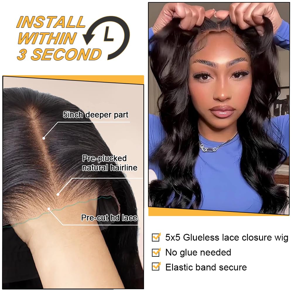 5x5 HD Lace Closure Wigs Human Hair - Pre Cut Lace Glueless Wig, Wear & Go - 180% Density Body Wave Lace Front Wigs for Women - Natural Hairline - Perfect for Daily Wear, Parties, Weddings & Special Occasions