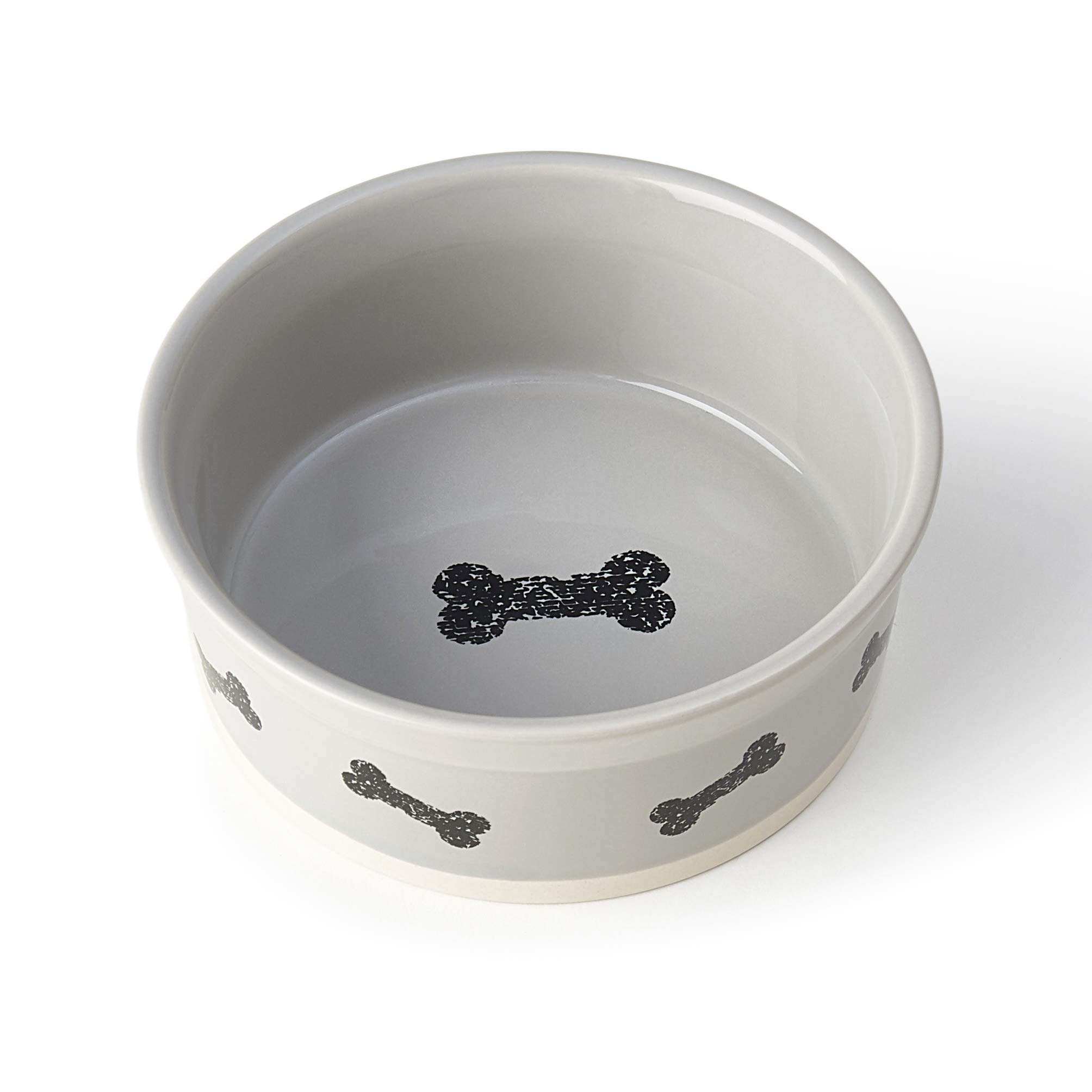 PetRageous 17002 Classy Bones Two-Tone Stoneware Dog Bowl - 1.5-Cup Capacity, 5-Inch Diameter, 2-Inch Tall - Dishwasher Safe for Small Dogs & Cats - Grey - Perfect for Puppies, Kittens & Pet Feeding Stations