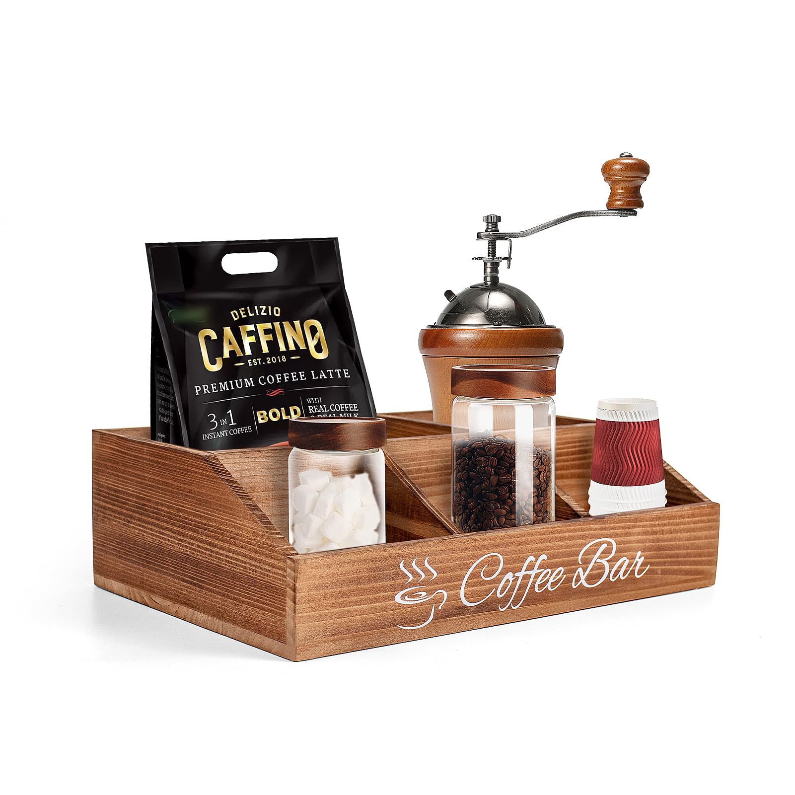 Rustic Brown Wooden Coffee Bar Organizer - Farmhouse Kitchen Counter Accessories Box for Tea, Condiments, Pods, Syrup, Bags, Cups & Stirrers - Wooden Storage Basket for Coffee Station - Perfect for Home, Office & Cafe Decor