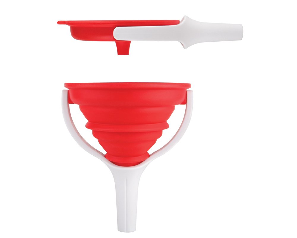 Dexas POP Collapsible Silicone Funnel - 4.5 Inch Kitchen Funnel for Baking, Cooking & Mixing - Red & White Collapsible Food Funnel - Perfect for Liquids, Powders & Dry Ingredients