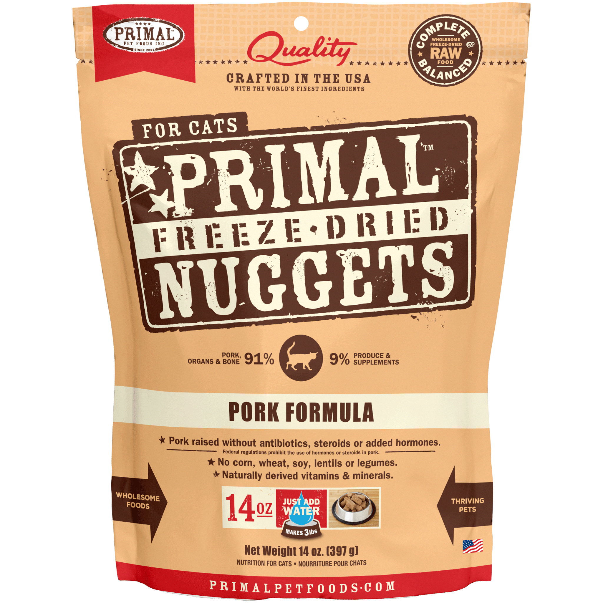 Primal Freeze Dried Raw Pork Formula Cat Food - 14oz | Grain-Free, High Protein Cat Treats for All Life Stages | Perfect for Travel, Training & Digestive Health