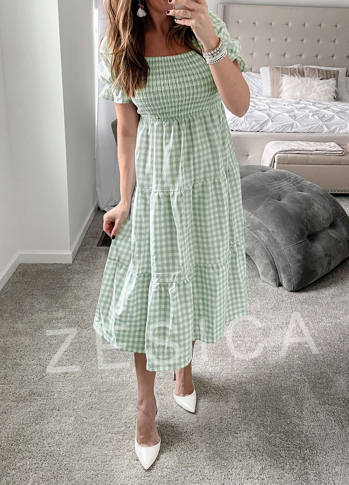 ZESICA Women's 2025 Bohemian Summer Plaid Square Neck Puff Sleeve Ruffle Flowy Midi Dress - Beach Vacation, Garden Party & Casual Outfit