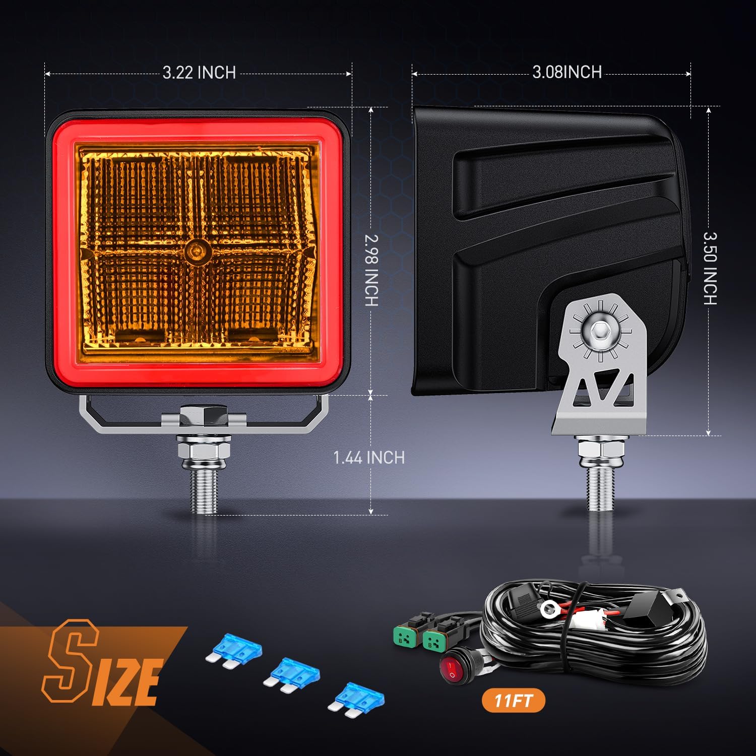 3 Inch 20W 1240LM Amber DRL Flood Cube LED Pods (Pair) with 16AWG DT Wire - Perfect for Off-Road Trucks, ATVs, UTVs & Marine Lighting Applications