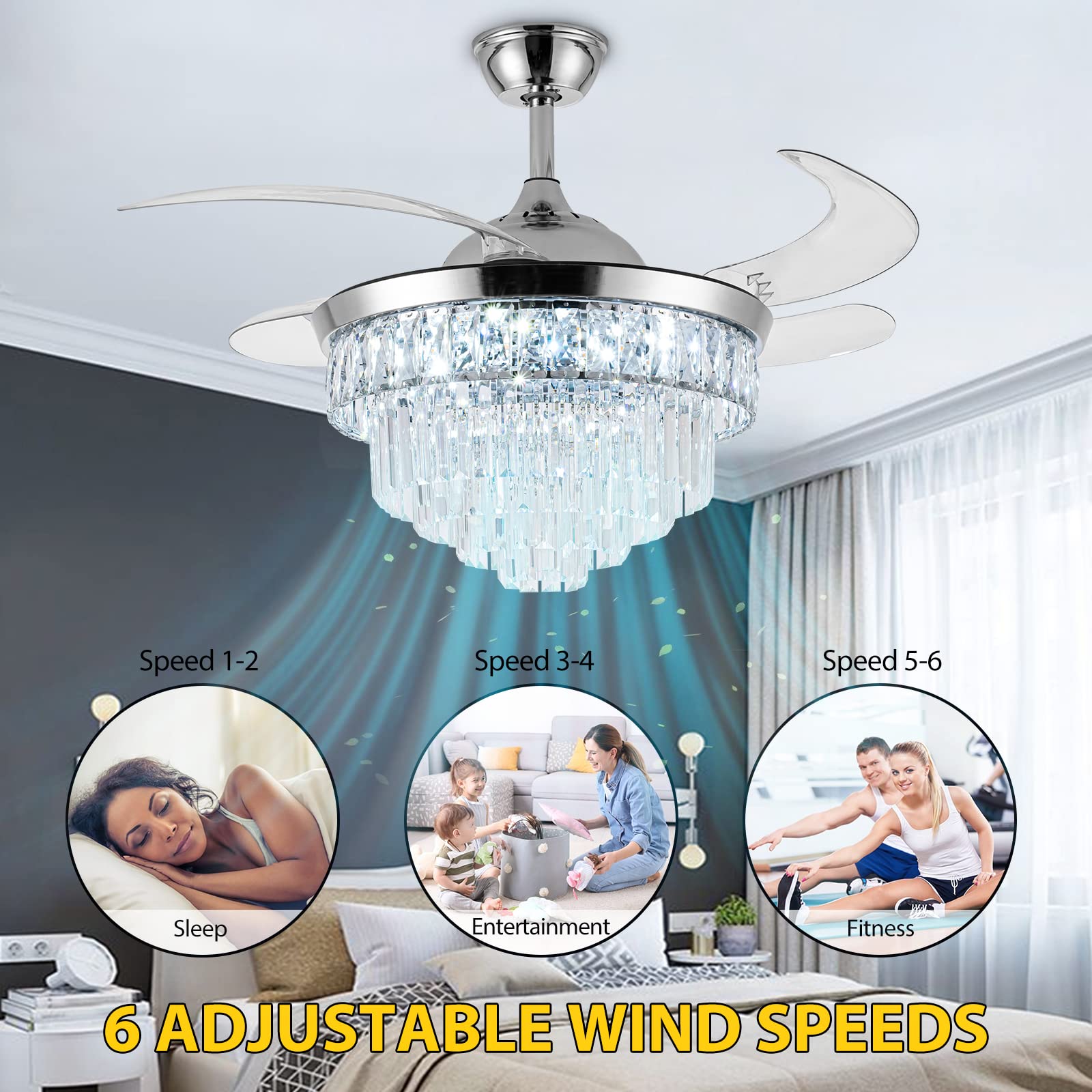 42 Inch Crystal Ceiling Fan with LED Light - Dimmable Modern Chandelier Fan, 6 Speed Retractable Blades for Bedroom, Living Room & Dining Room | Energy Efficient Cooling & Elegant Lighting Solution for Home Decor