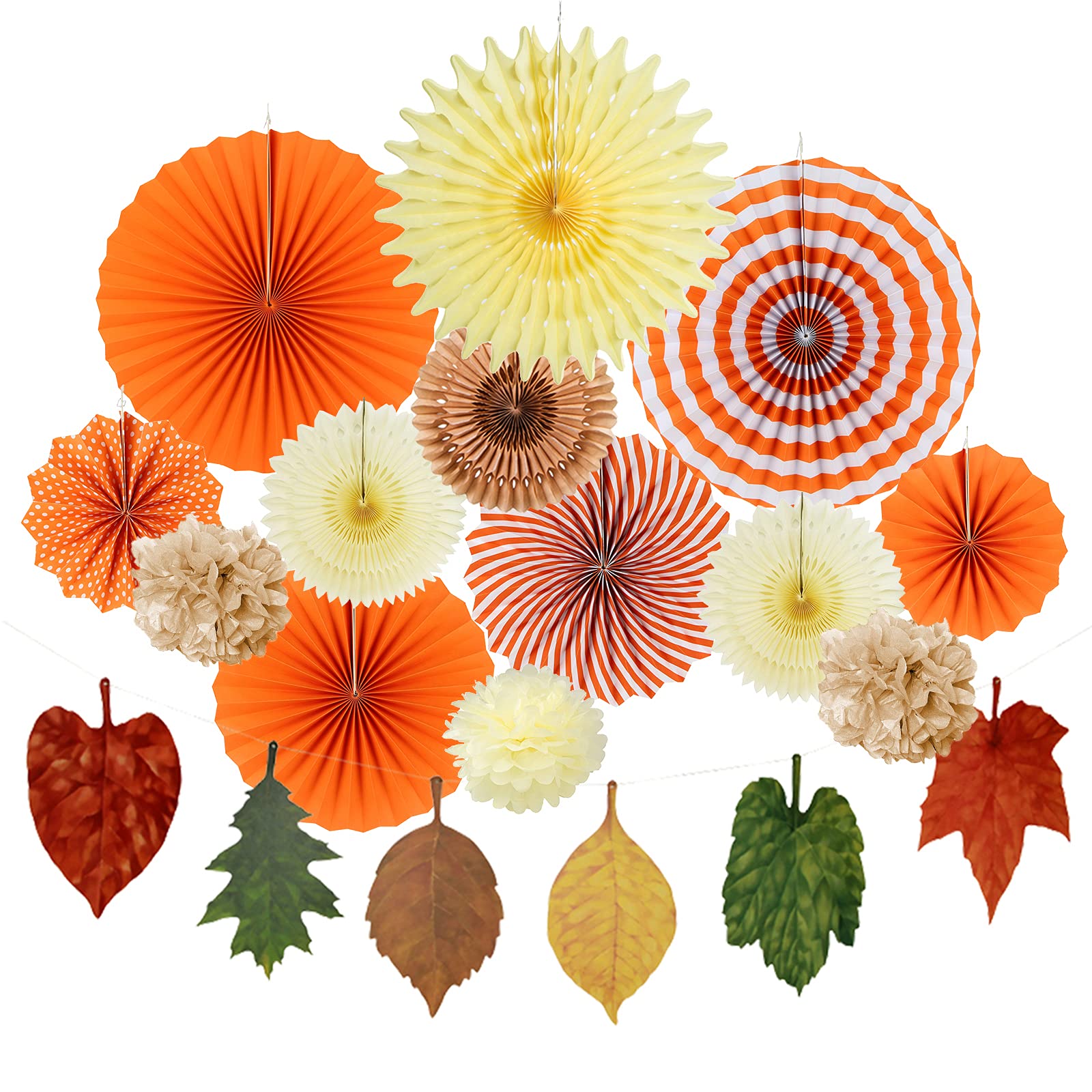 Easy Joy 14-Piece Fall Party Decorations Set - Orange Hanging Paper Fans, Autumn Paper Pompoms, Lanterns & Maple Leaf Garlands for Thanksgiving, Birthday, Harvest Festival Decor | Perfect for Home, Classroom & Party Backdrop