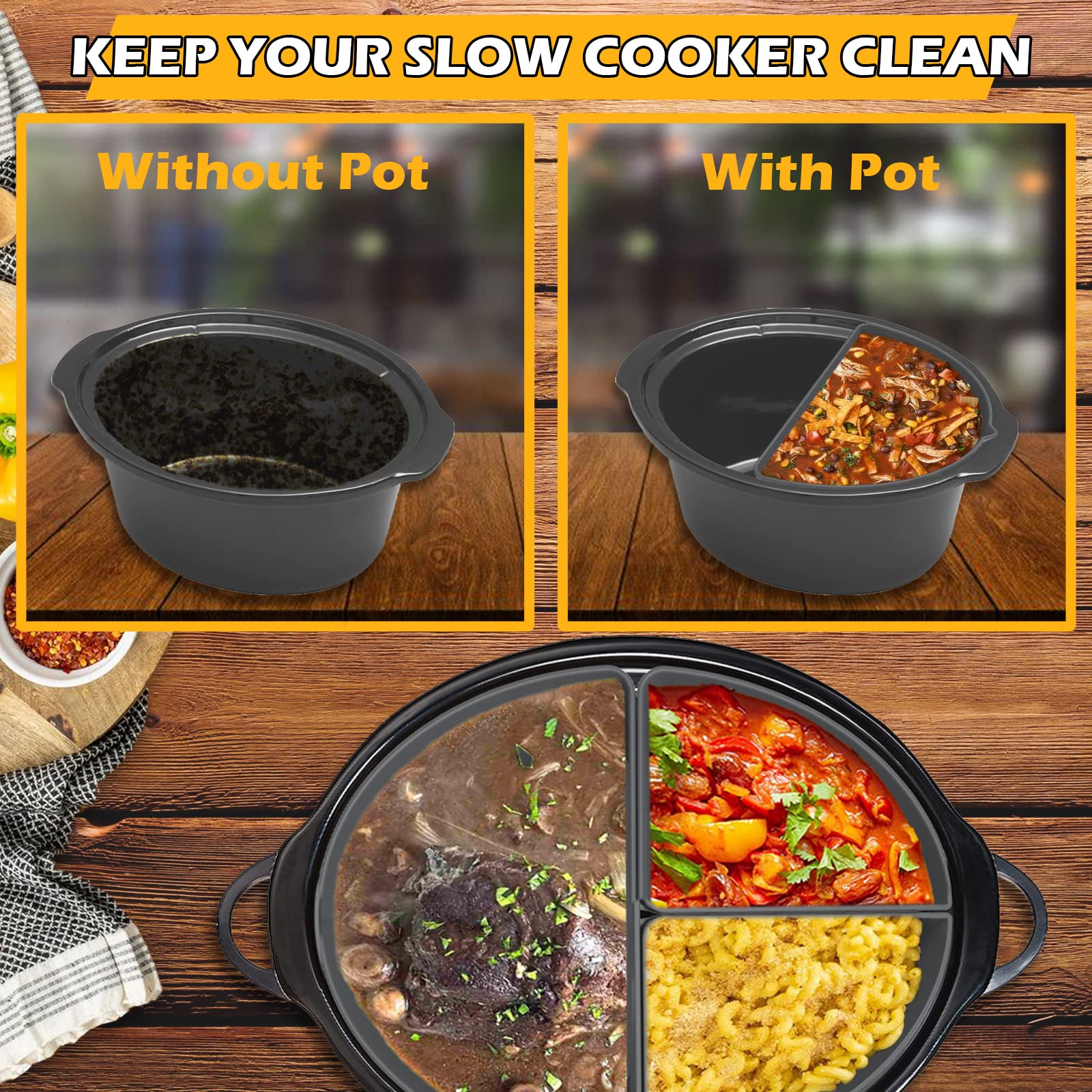6 Quart Silicone Slow Cooker Divider Liners Oval - Thickened, Weighted & Sturdy Reusable Crockpot Inserts for Most 6 Qt Slow Cookers | Leakproof & Dishwasher Safe | Perfect for Meal Prep, Leftovers & Party Serving