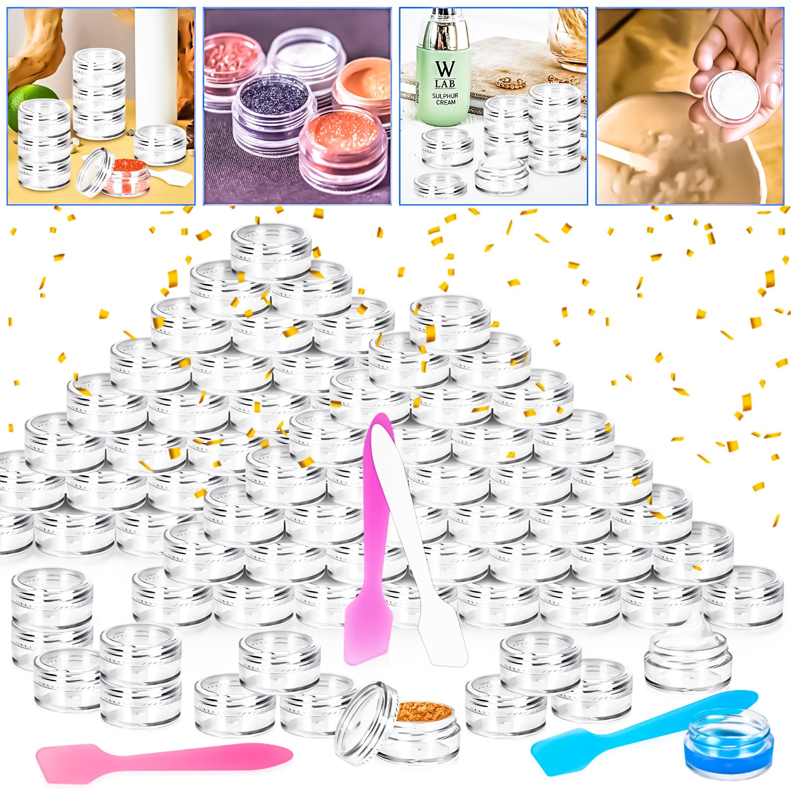 MotBach 100 Pcs 5g Empty Plastic Containers with Clear Lids - Mini Makeup Sample Jars, Small Round Cosmetic Containers with Mini Spatulas for Liquid, Powder, Cream & Lotion Samples - Perfect for Travel, DIY Beauty & Sample Storage