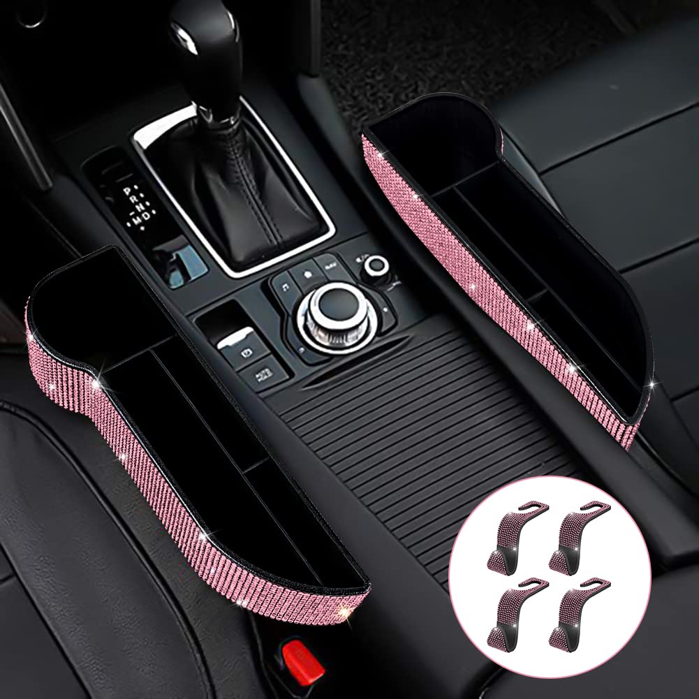 Bling Car Seat Side Drop Filler Organizer - 2-Pack Car Seat Console Storage with Cup Holders & 4-Pack Back Seat Headrest Hooks - Pink Car Accessories for Handbags, Clothes, Coats & Grocery Bags | Perfect for Road Trips, Family Travel & Daily Commutes