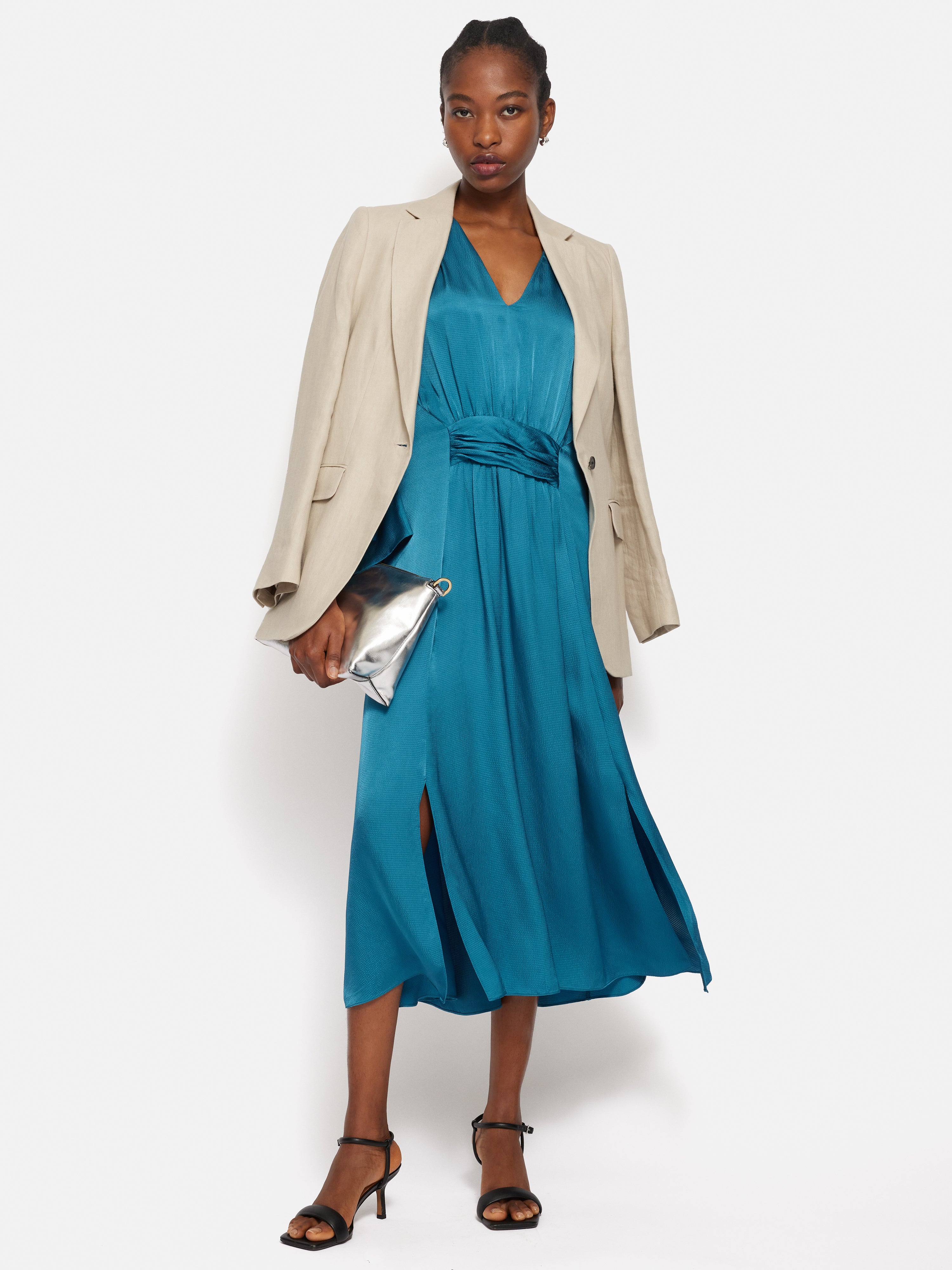Hammered Satin Midi Dress in Blue | Elegant Party & Cocktail Dress for Women | Perfect for Weddings, Evening Events & Date Nights