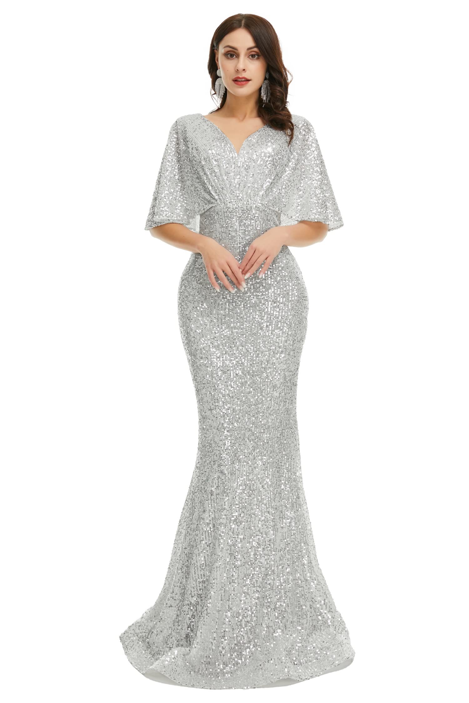 Engerla Women's Short Sleeve Sequin Mermaid V-Neck Evening Dress for Party, Prom, Formal Occasions, Wedding Bride & Bridesmaid - Perfect for Cocktail Events, Gala Nights, and Special Celebrations