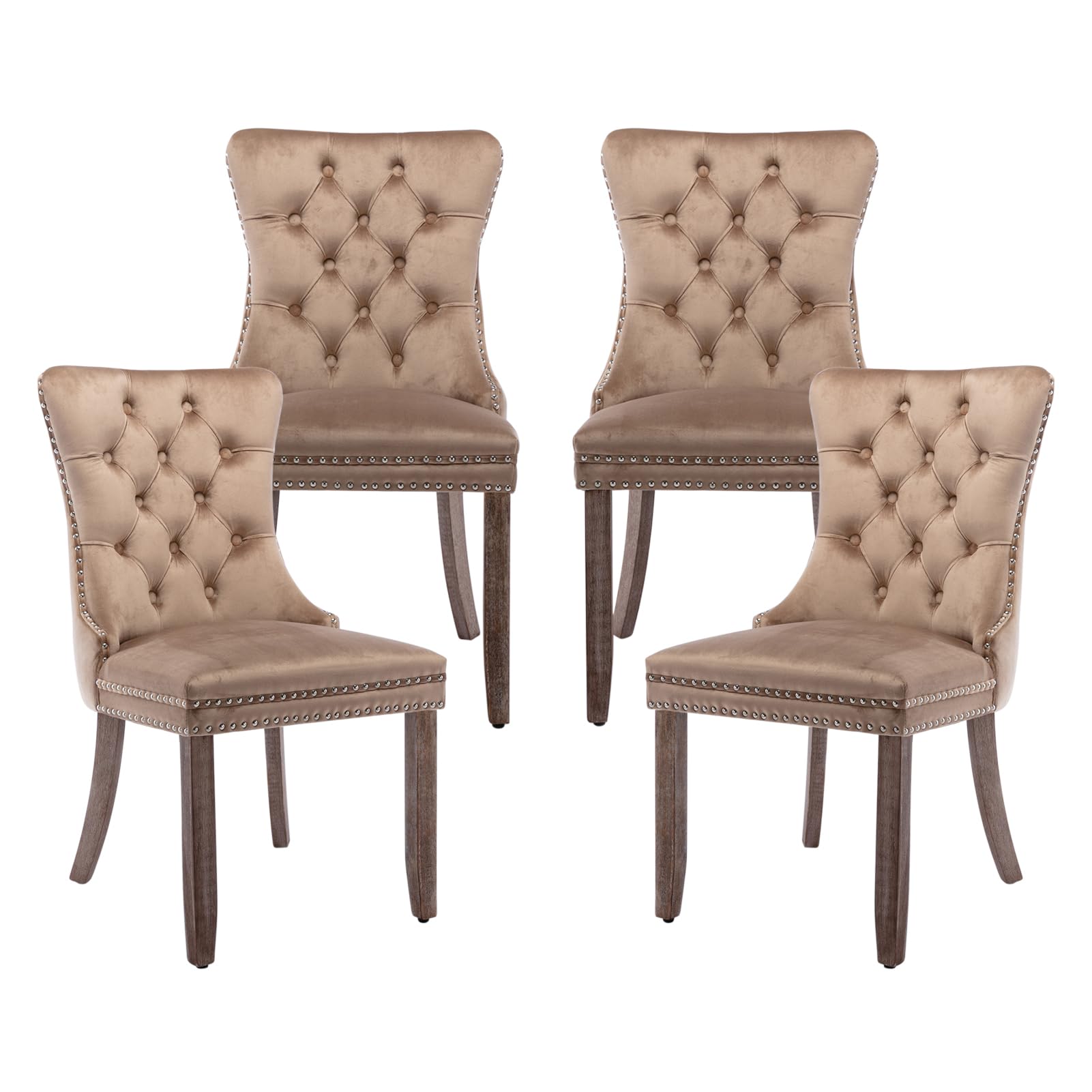 4 Velvet Upholstered Dining Chairs Set with Ring Pull Trim & Button Back - Modern Comfortable Seating for Kitchen, Bedroom & Living Room (Khaki) | Perfect for Home Dining, Entertaining Guests & Cozy Reading Nooks