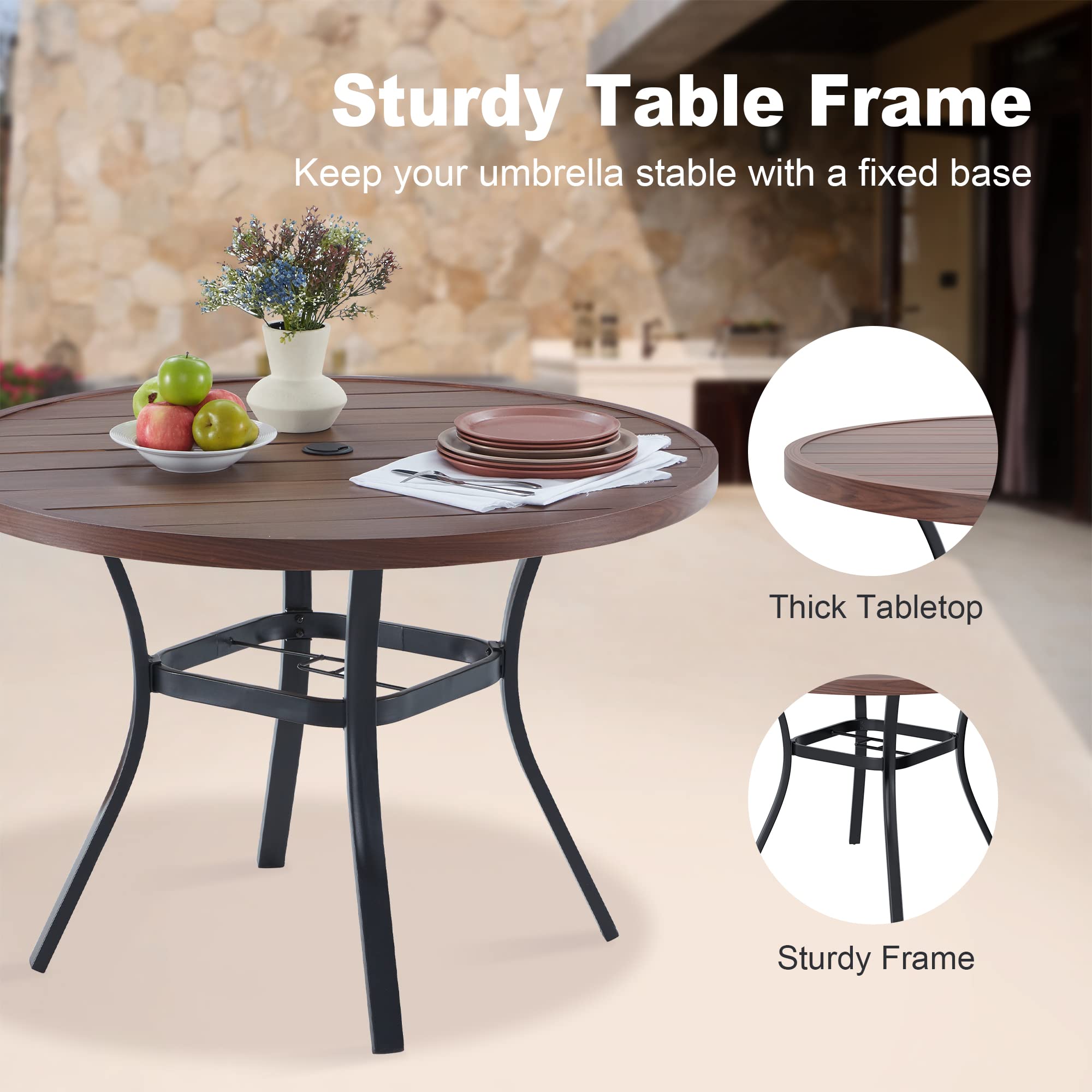 VICLLAX 41 Inch Round Patio Dining Table with Umbrella Hole - Durable Metal Outdoor Table for Garden, Lawn, Balcony & Deck - Walnut Finish - Perfect for Outdoor Dining, Entertaining & Relaxing