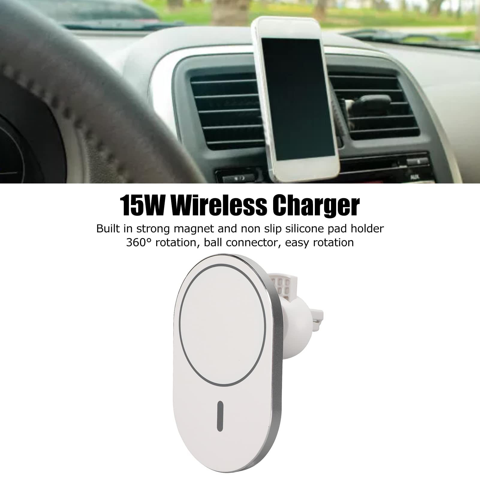 15W Qi Fast Wireless Car Charger - Magnetic Auto Clamping Phone Mount with 360° Rotation for Dashboard & Windshield (White) | Perfect for iPhone, Samsung & Qi-Compatible Devices on Road Trips & Daily Commutes