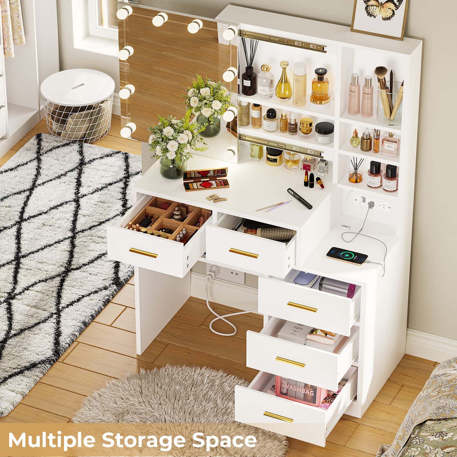 Modern White Vanity Desk with Sliding Mirror, LED Lights & USB Charging Station - 5 Drawers Makeup Table with Hidden & Open Storage Shelves - Perfect for Bedroom, Dressing Room & Home Beauty Salon
