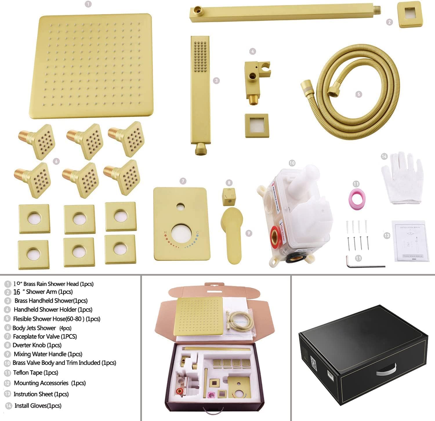Gold Rain Shower System Set - 10 Inch Wall Mount Shower Head with 6 Body Spray Jets & Handheld Spray - Complete with Rough-in Mixer Valve Trim Kit - Luxury Bathroom Upgrade for Spa-like Experience
