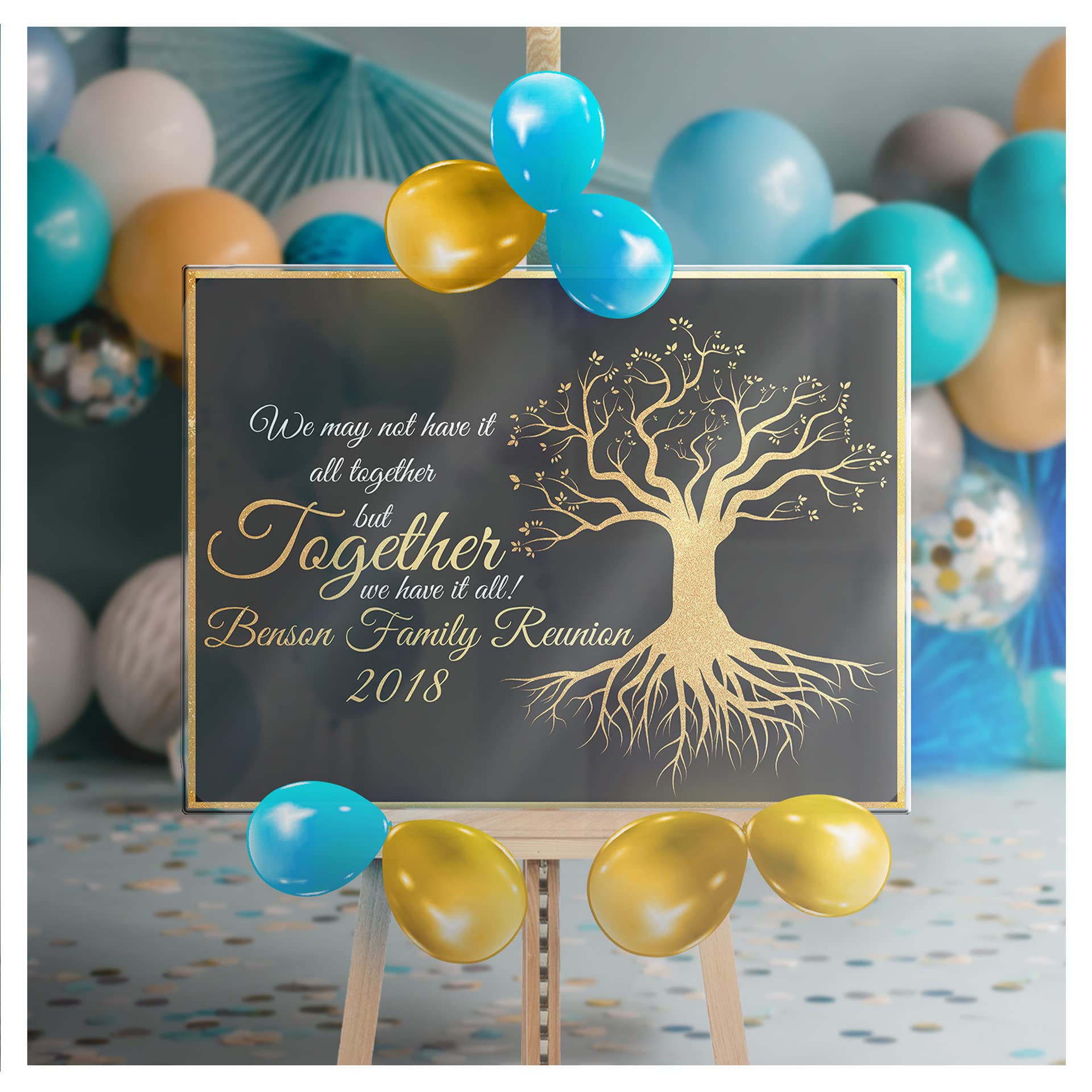Personalized Family Tree Reunion Sign - Custom Welcome Banner for Family Gatherings - Black & Gold Acrylic Decor - Perfect for Reunions, Weddings & Home Decor