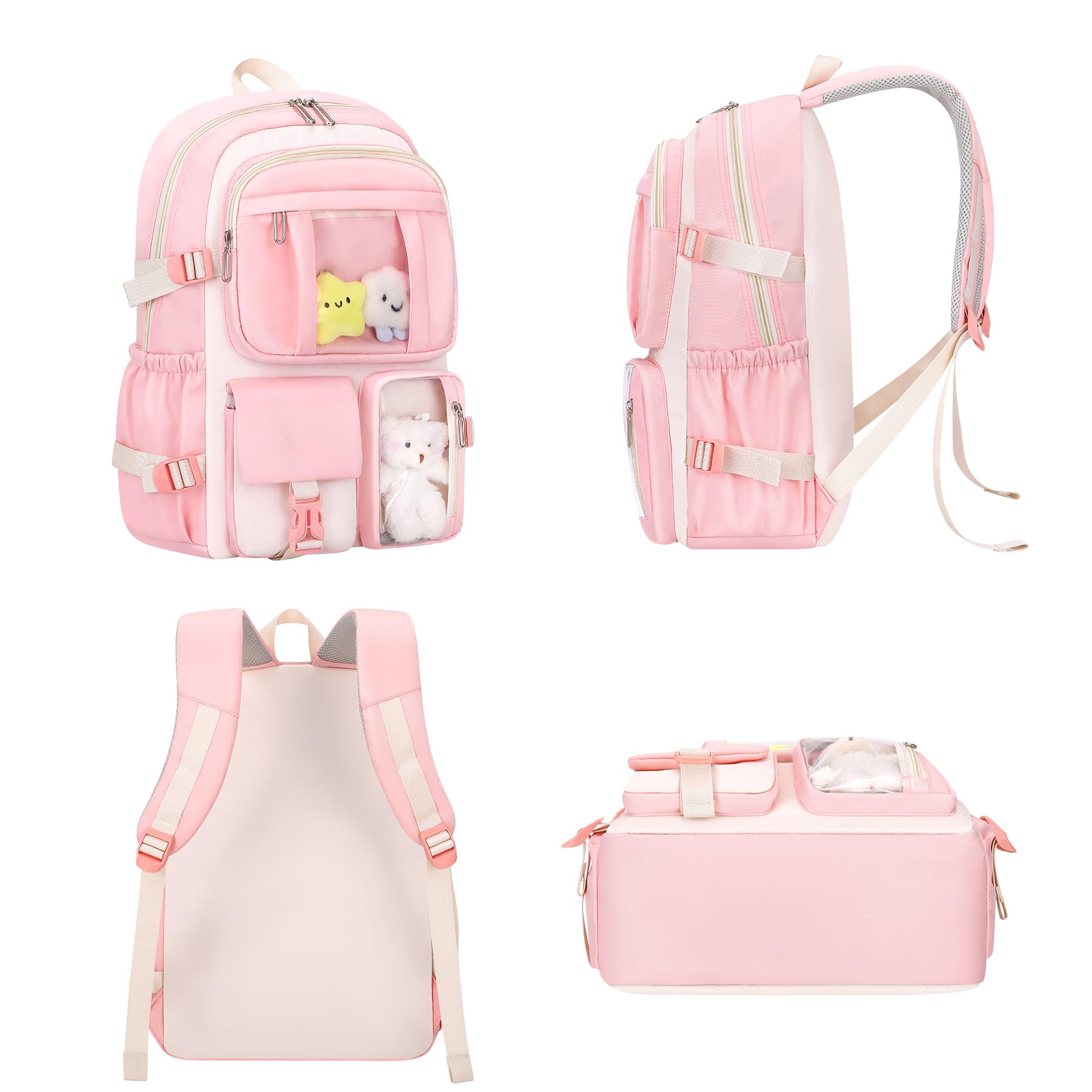 Kawaii Clear Backpack 5-Piece Set for School - Cute Aesthetic Preppy Backpack with Pendant for Girls & Boys (Cream Pink) | Perfect for Elementary Students, School Supplies, and Trendy Fashion Accessories