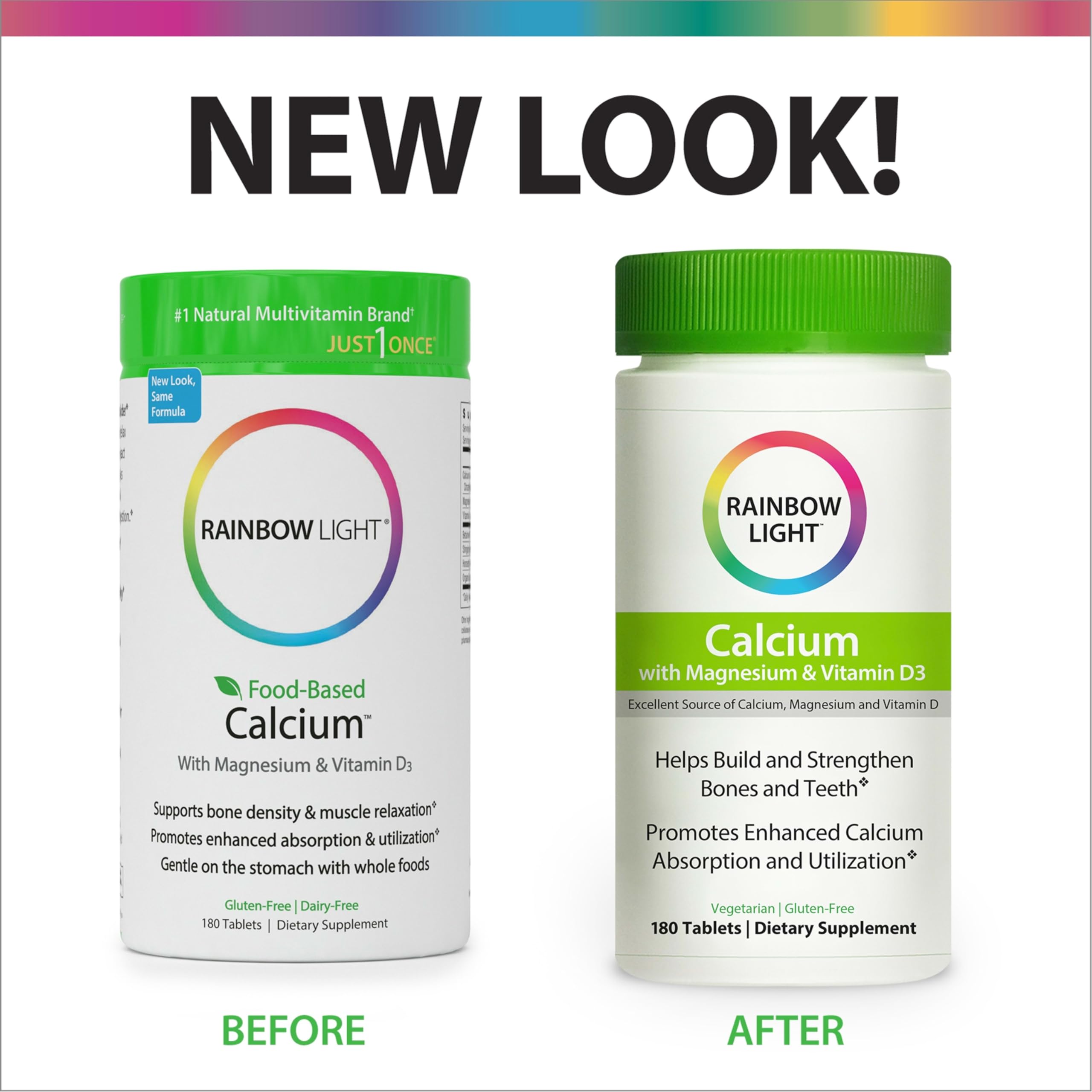 Rainbow Light Calcium Magnesium Vitamin D3 Supplement - 180 Vegetarian Gluten-Free Tablets for Bone & Teeth Health - Supports Strong Bones, Joints & Daily Wellness (Ideal for Adults & Seniors)