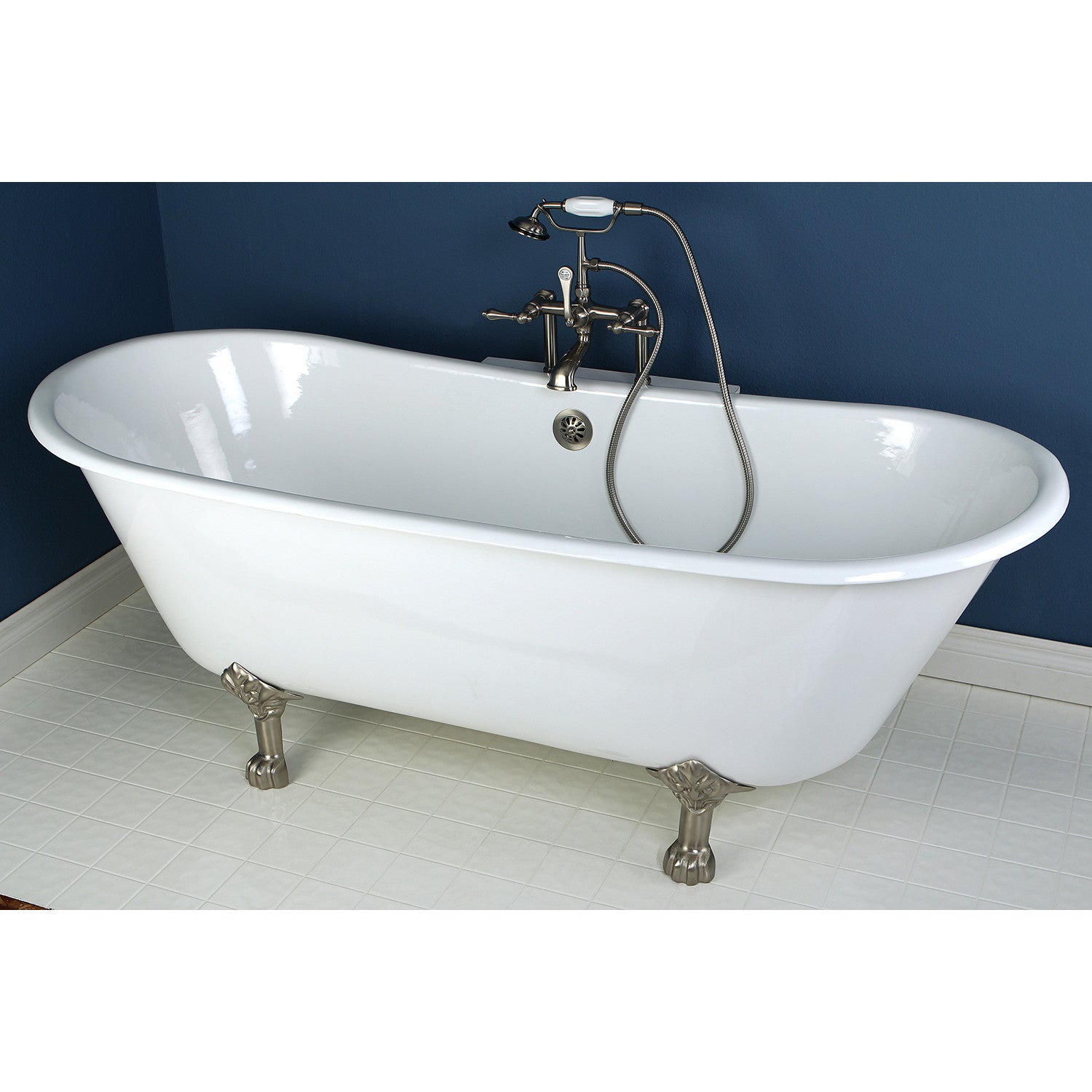 67 Inch White Cast Iron Oval Double Slipper Clawfoot Bathtub - Aqua Eden VCTND6728NH8 (No Faucet Drillings, Brushed Nickel Finish) | Vintage Bathroom Decor, Luxury Spa Retreat, Master Bathroom Centerpiece